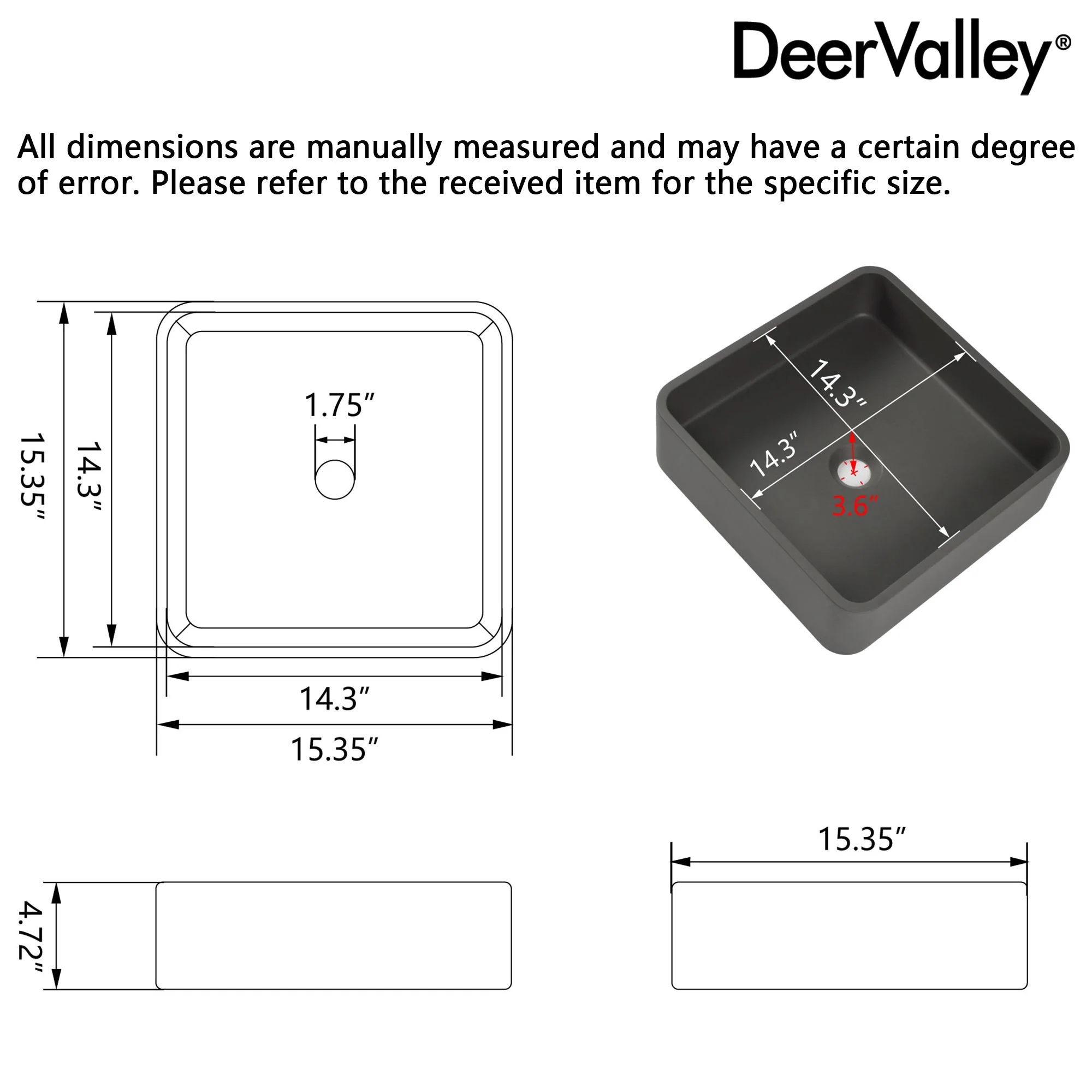 15" x 5" Rectangular Vessel Bathroom Sink, Concrete - Image 9