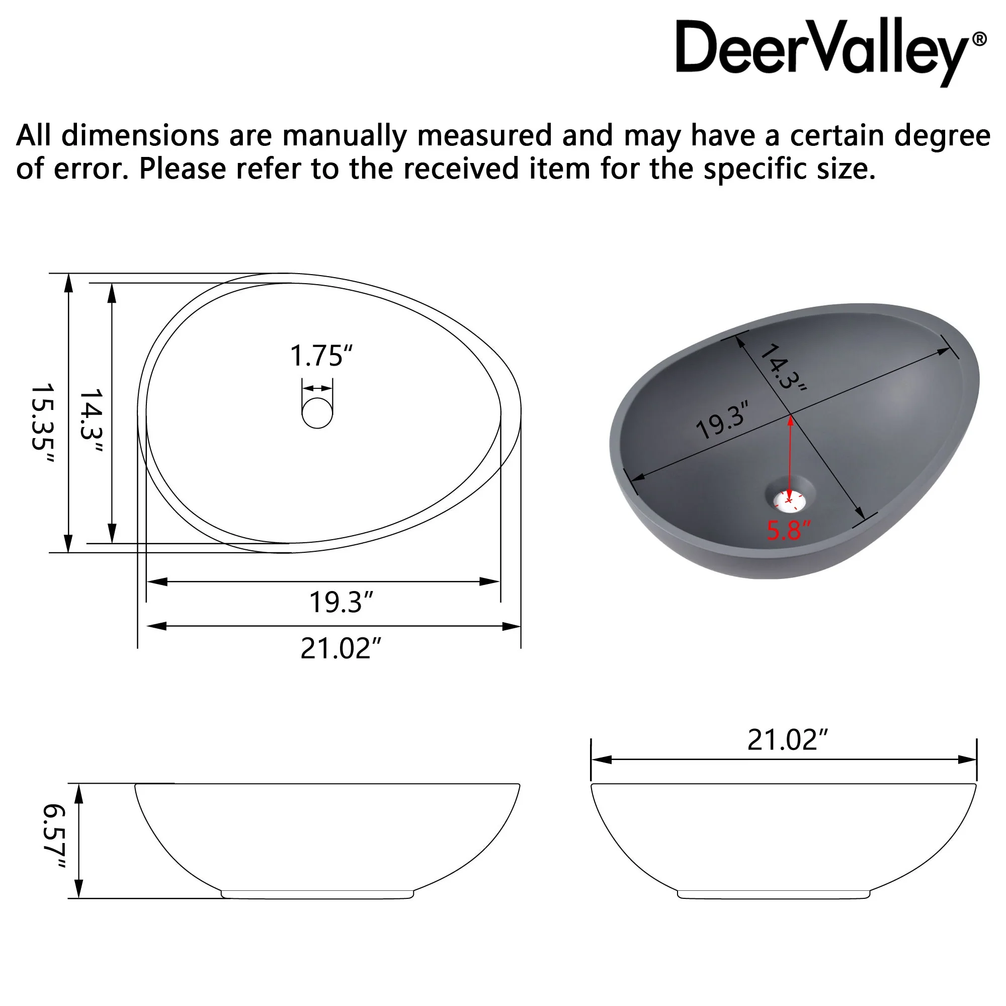 21" x 15" Egg-Shaped Vessel Bathroom Sink, Concrete - Image 6