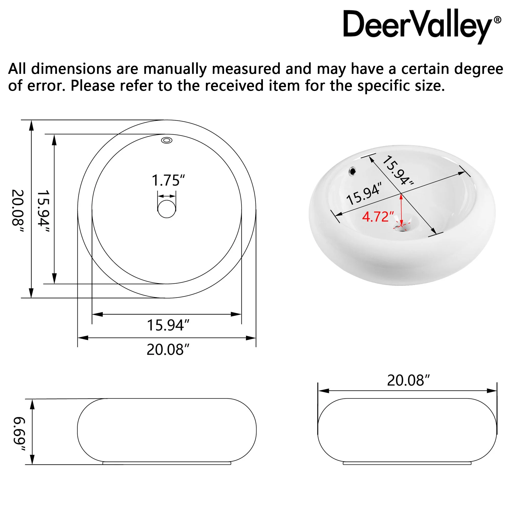 20" x 7" Round Vessel Bathroom Sink, Overflow Hole - Image 9
