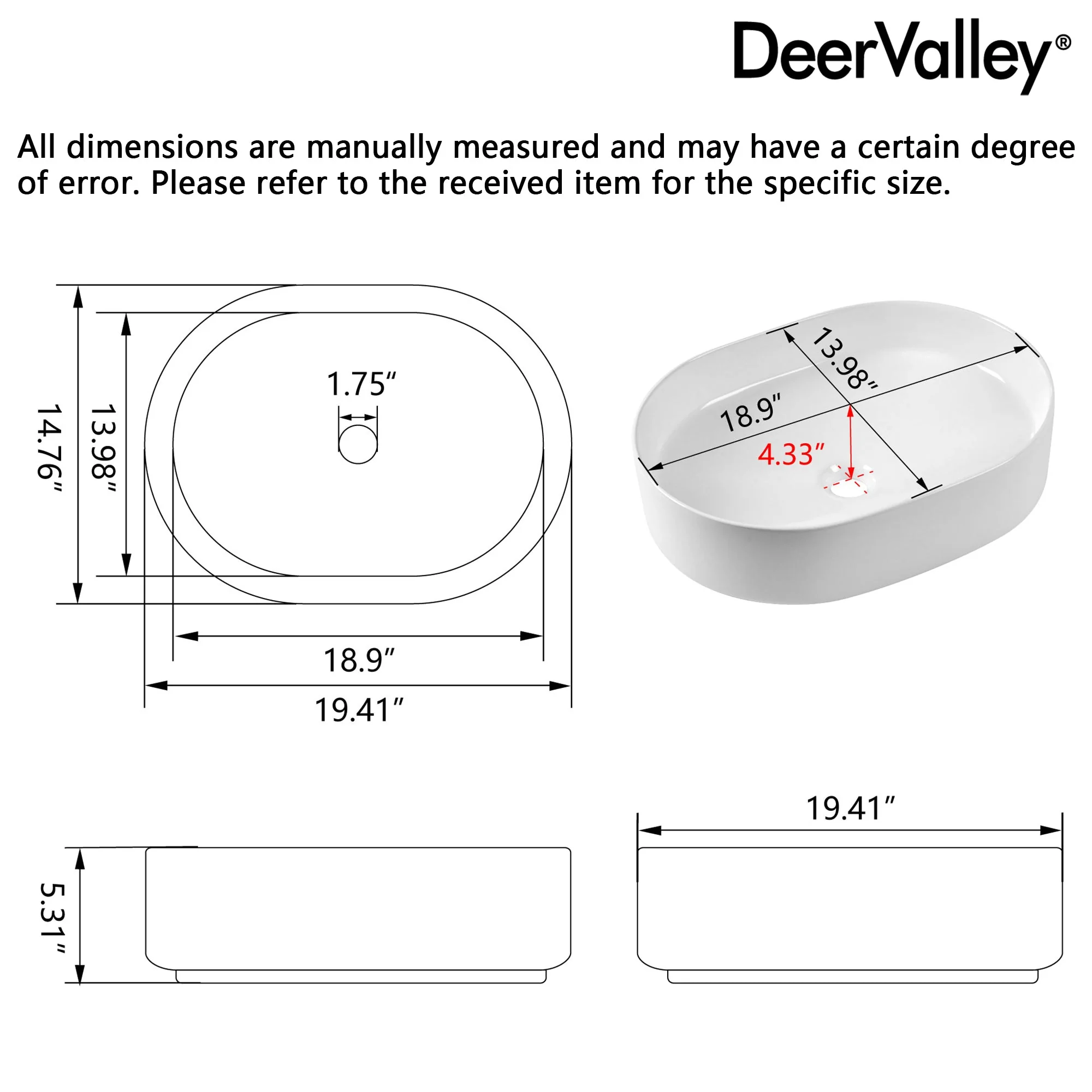 19" x 15" Oval Vessel Bathroom Sink, Seamless Design - Image 9
