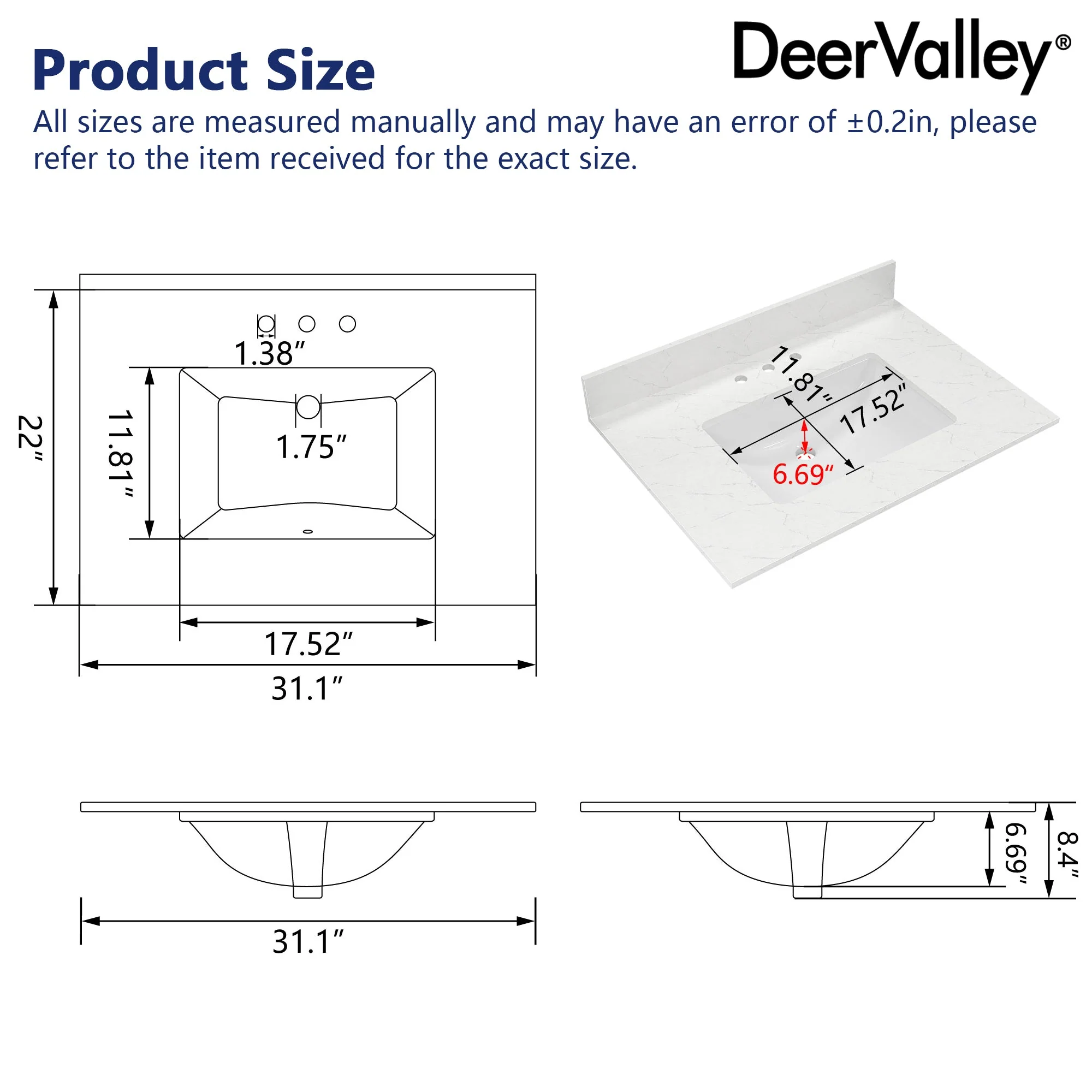 31.1" Rectangular Vanity Top Sink, Overflow Hole - Image 9