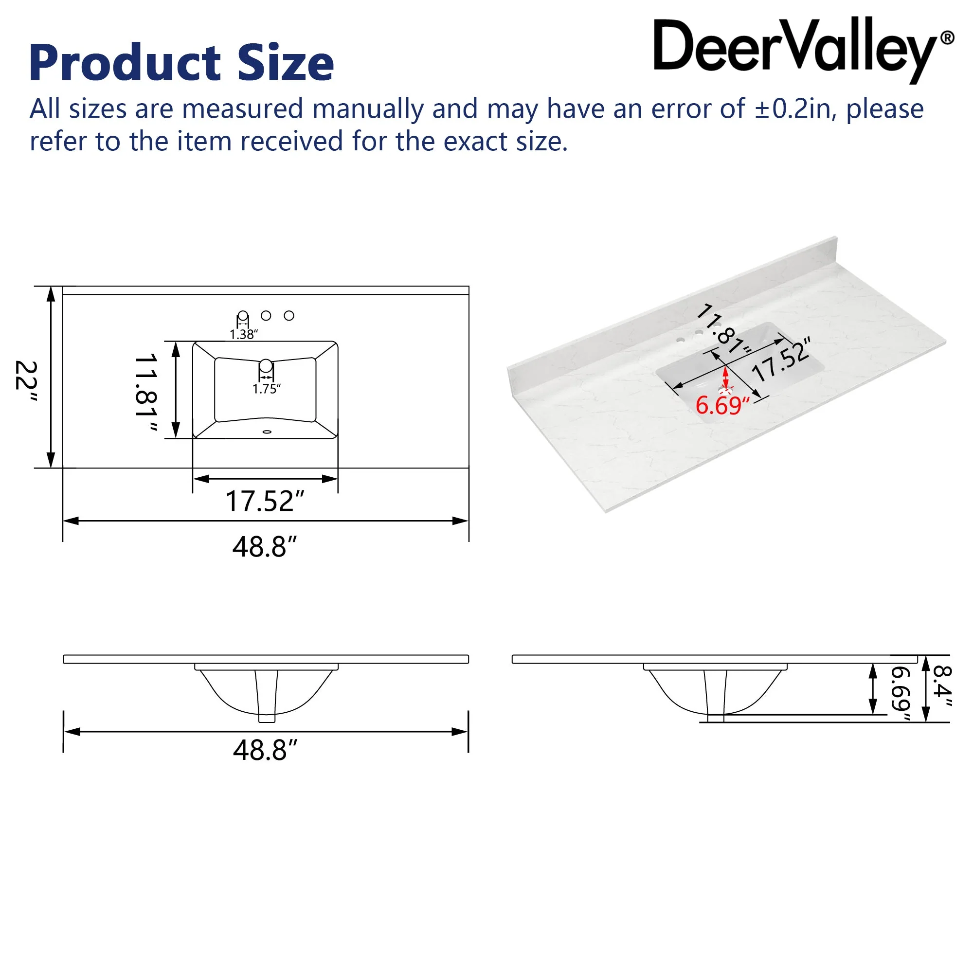 48.8" Rectangular Vanity Top Sink, Overflow Hole - Image 10