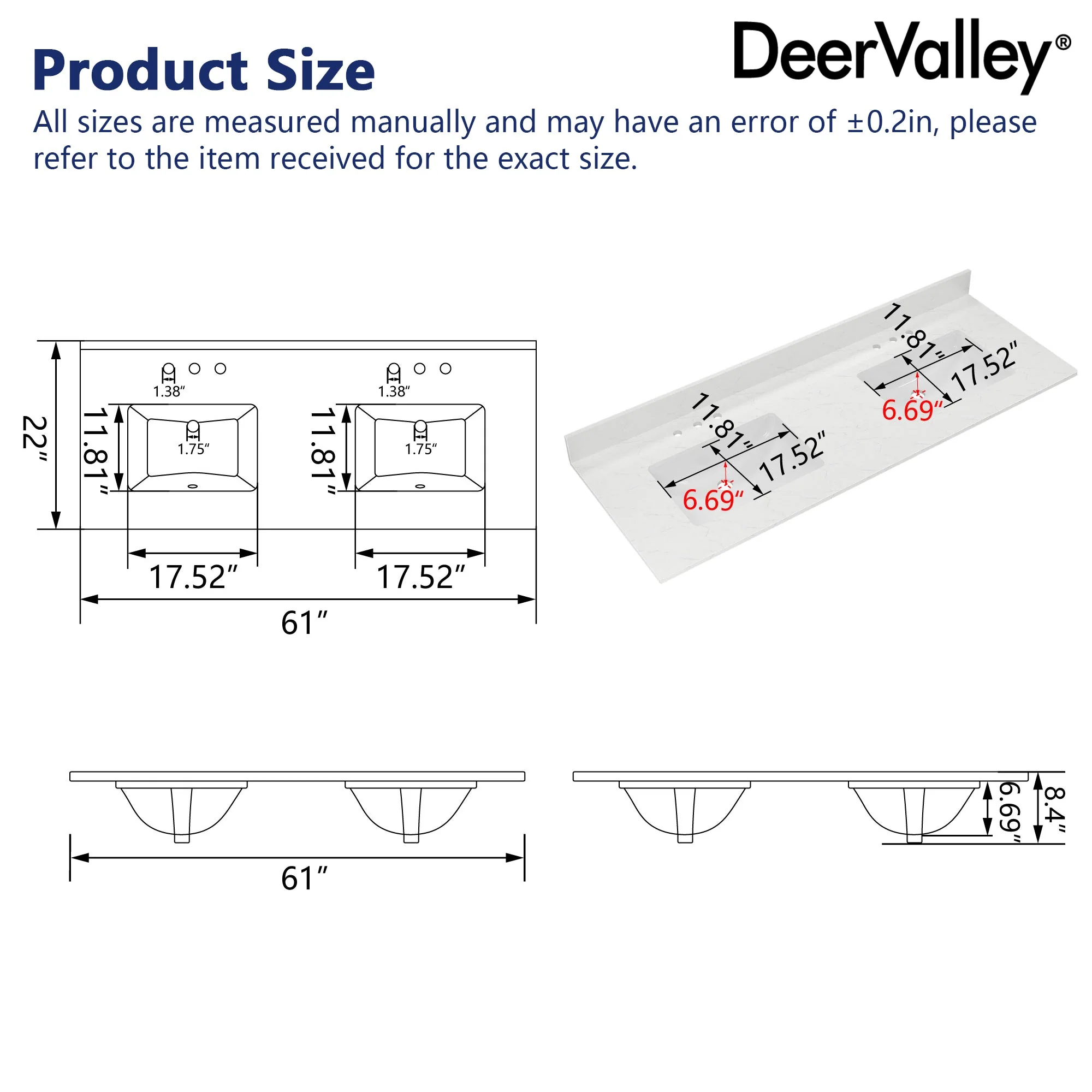 61" Rectangular Vanity Top Sink, Overflow Hole - Image 7