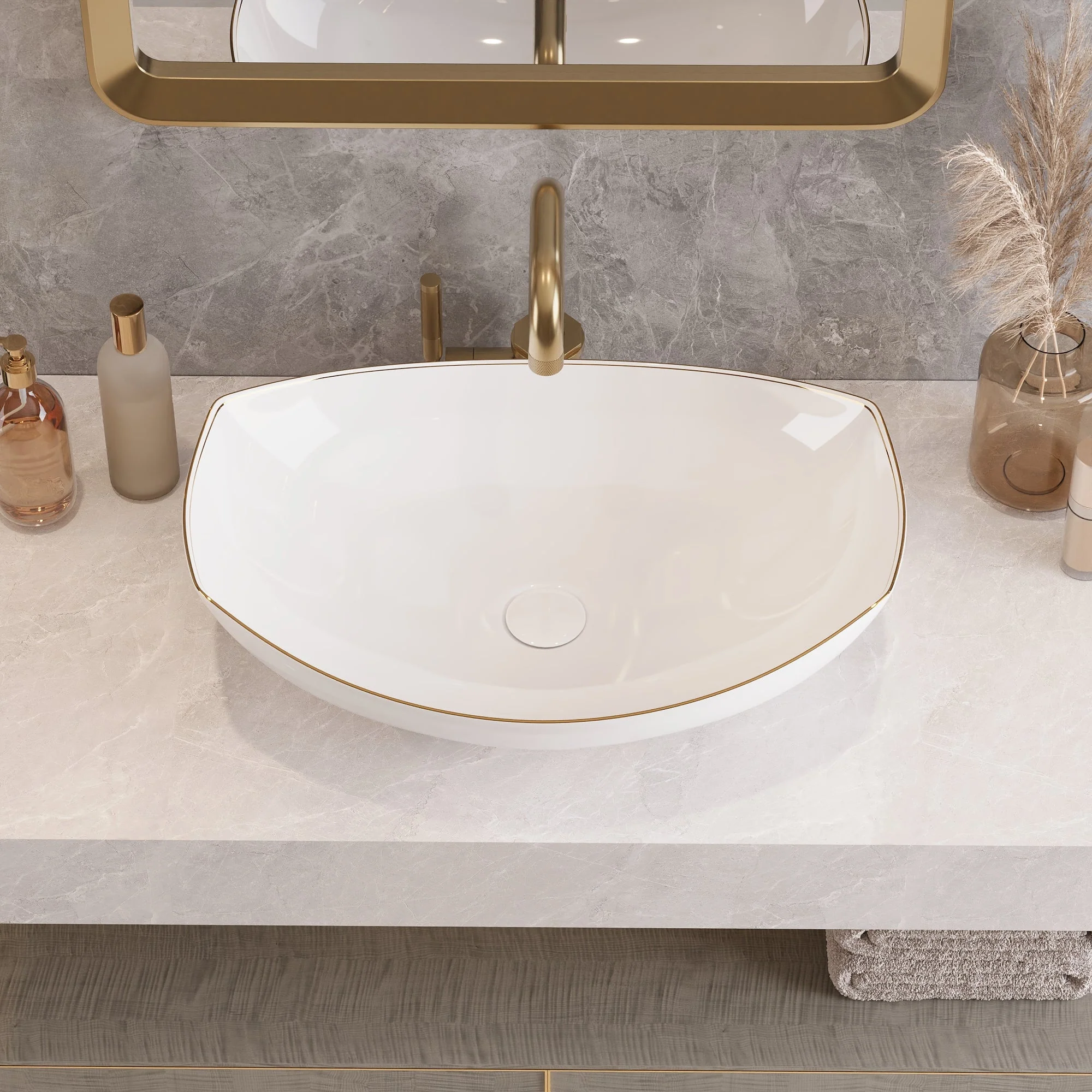 DeerValley DV-1V0319 Vessel Sinks Boat-Shaped Luxury Ceramic Gold Trim Easy Clean - Image 3
