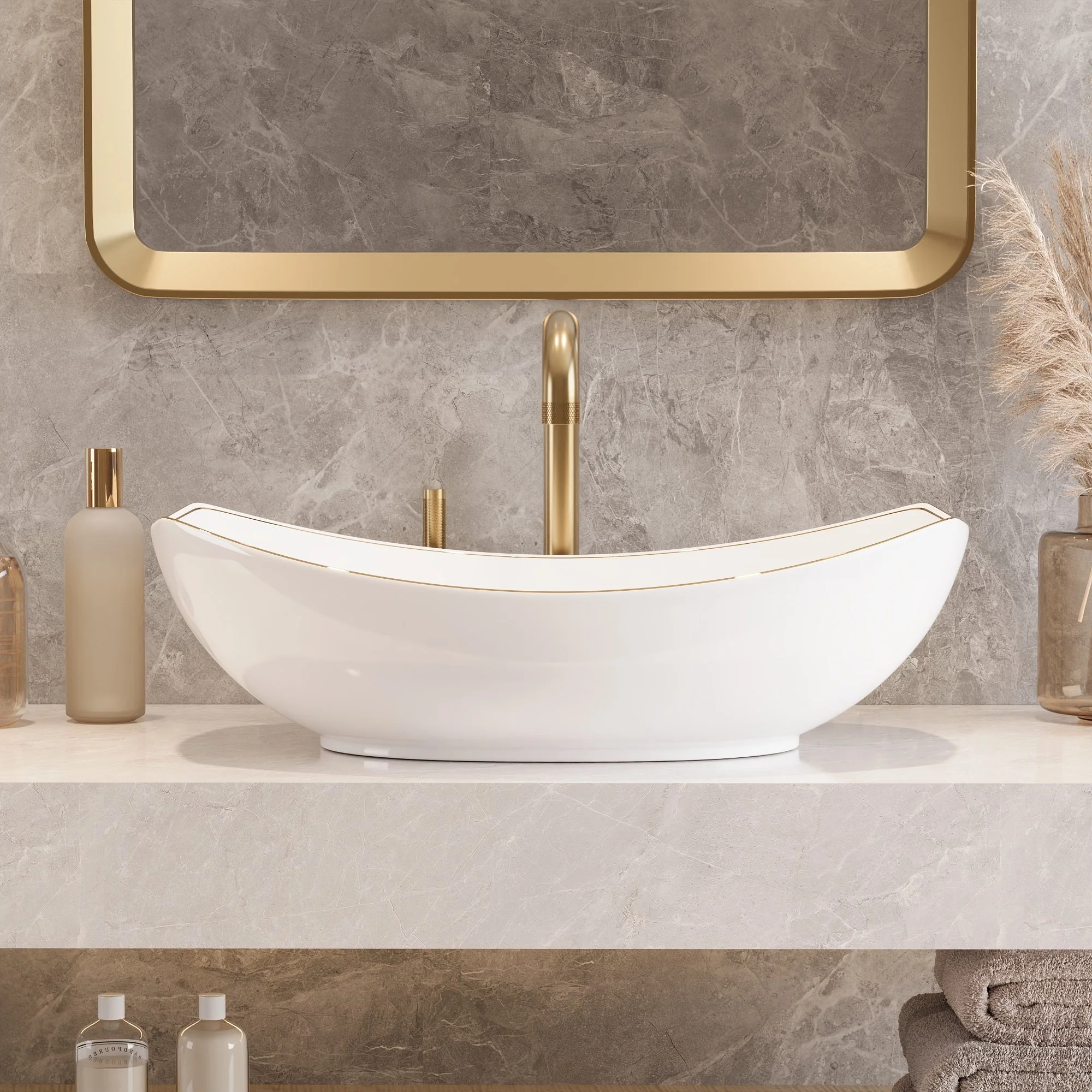 DeerValley DV-1V0319 Vessel Sinks Boat-Shaped Luxury Ceramic Gold Trim Easy Clean - Image 4