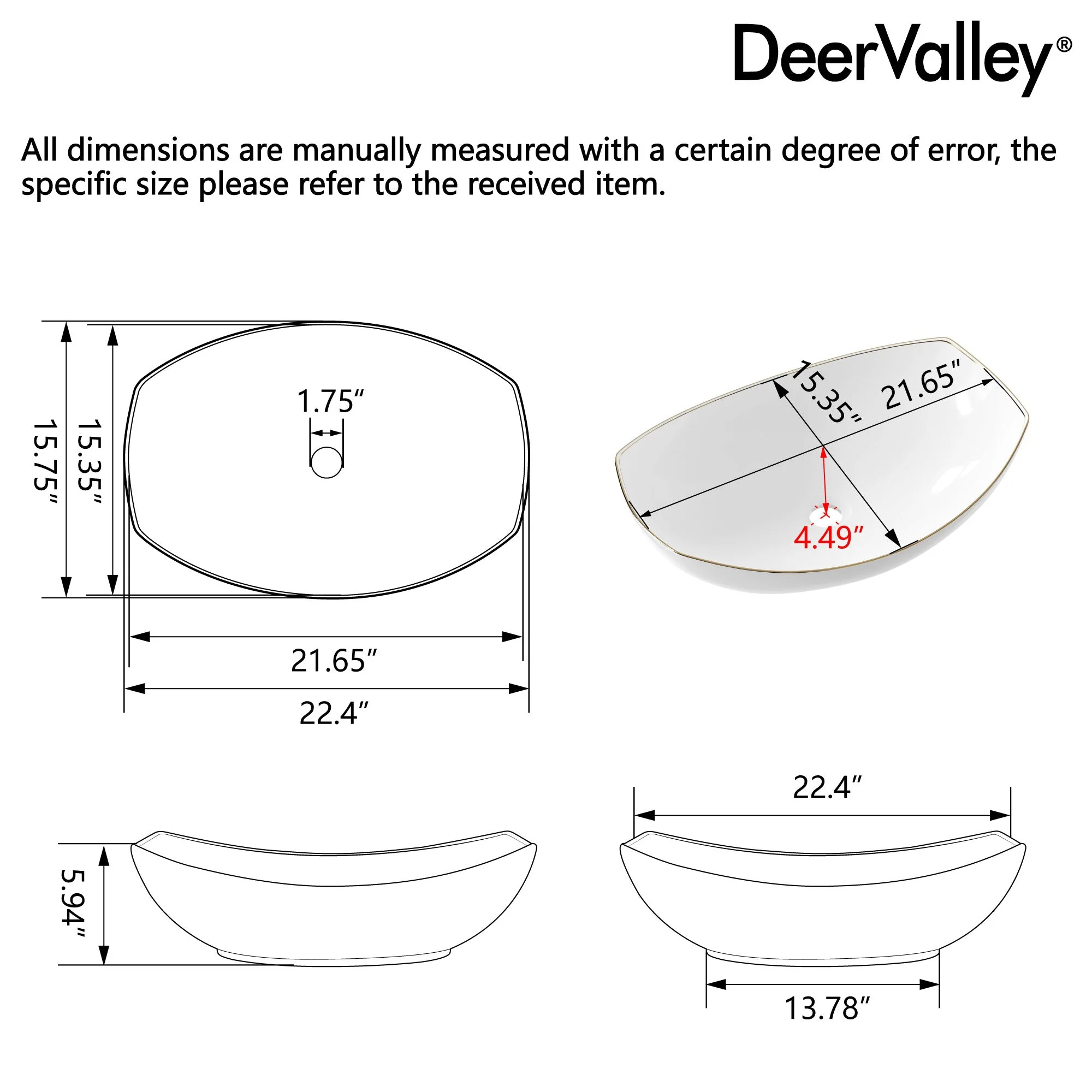 DeerValley DV-1V0319 Vessel Sinks Boat-Shaped Luxury Ceramic Gold Trim Easy Clean - Image 9