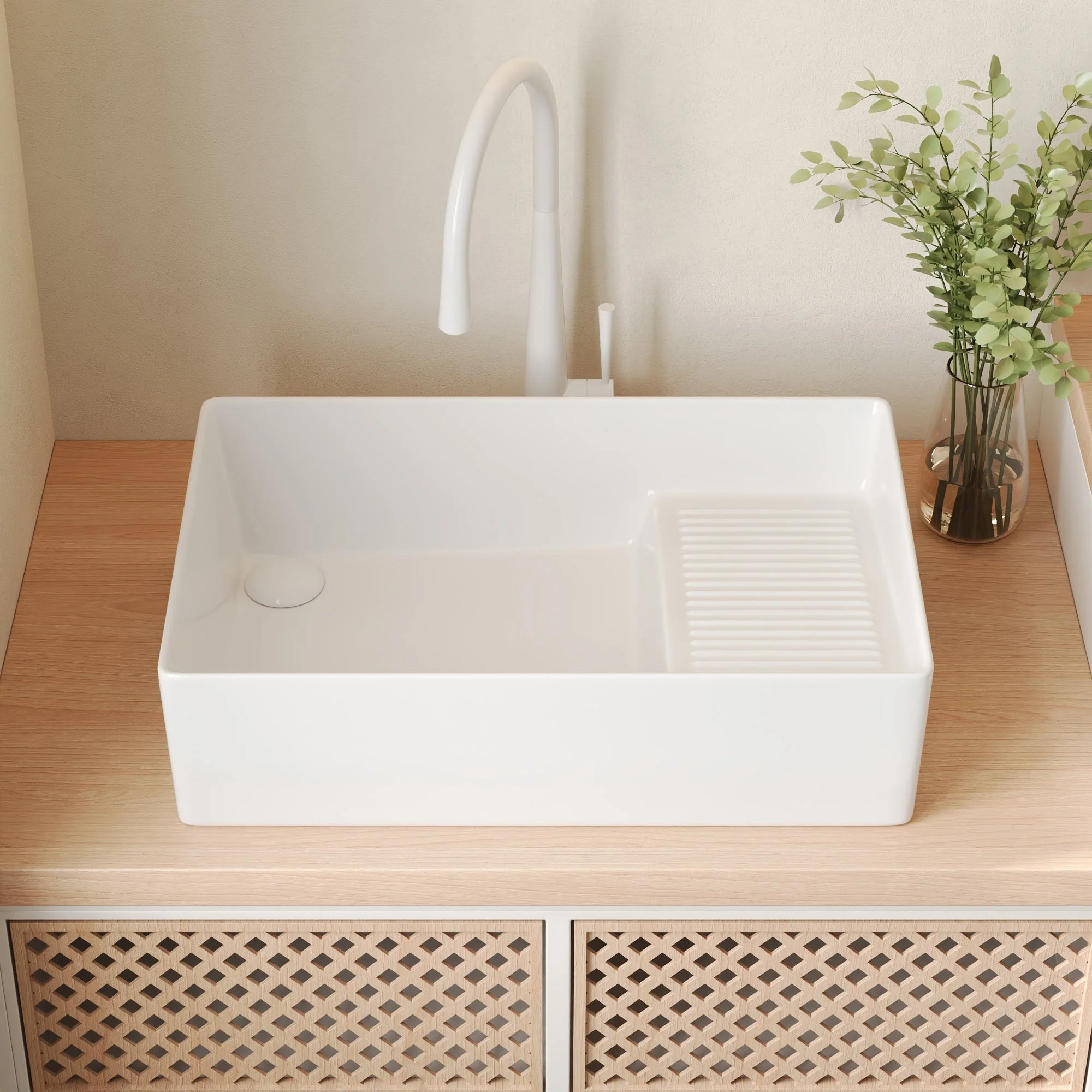 DeerValley DV-1V0321 Vessel Sinks 24-Inch Large Capacity Built-In Washboard Ceramic - Image 3