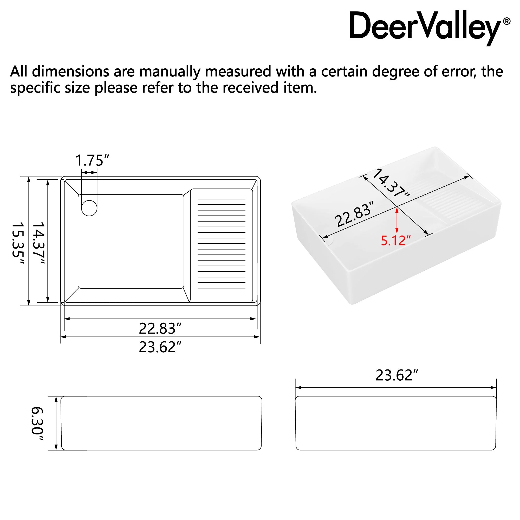 DeerValley DV-1V0321 Vessel Sinks 24-Inch Large Capacity Built-In Washboard Ceramic - Image 6