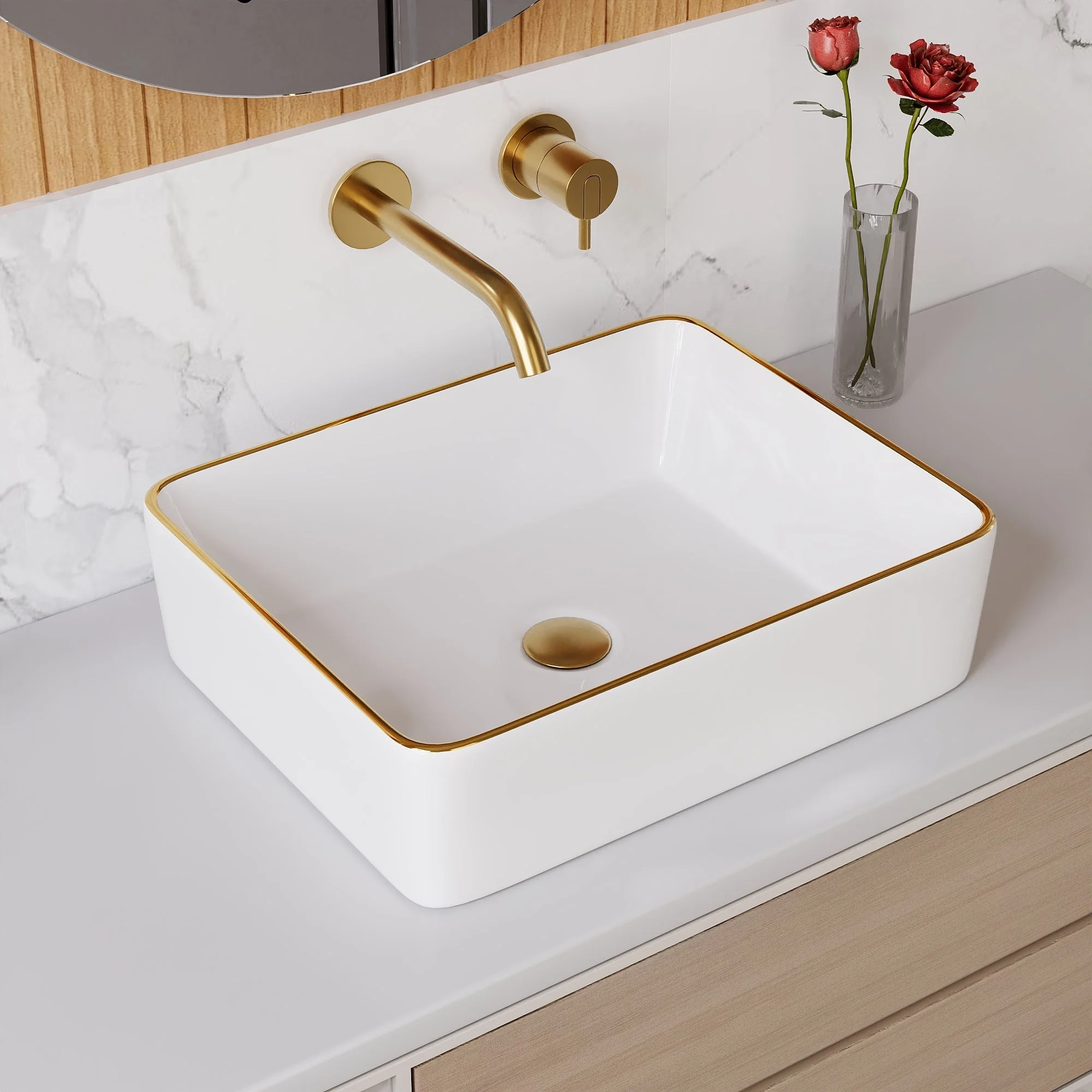 DeerValley Vessel Sink Rectangle 19"x15" Bathroom Sink with Gold Trim, White Ceramic Rectangular Above Counter Porcelain Art Basin,19 Inch Modern Sink, DV-1V0365 - Image 3