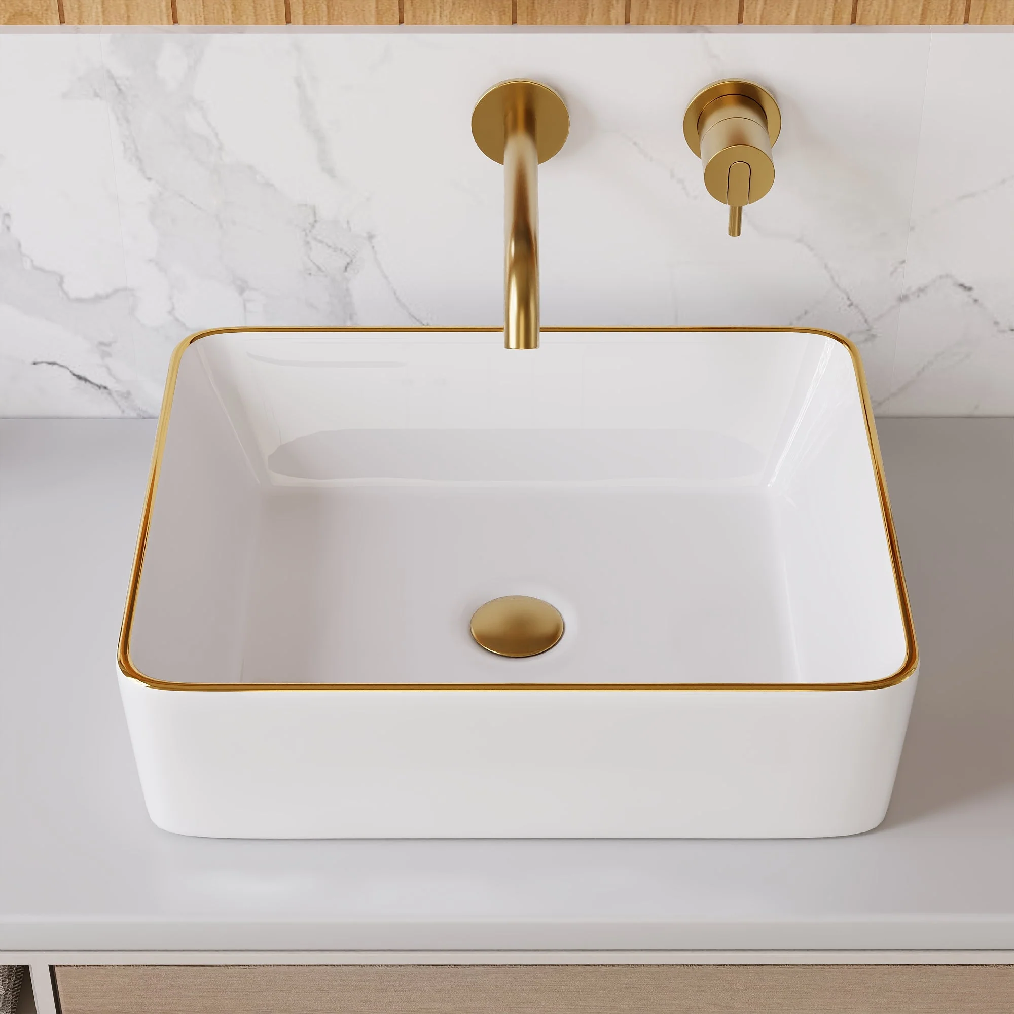 DeerValley Vessel Sink Rectangle 19"x15" Bathroom Sink with Gold Trim, White Ceramic Rectangular Above Counter Porcelain Art Basin,19 Inch Modern Sink, DV-1V0365 - Image 5