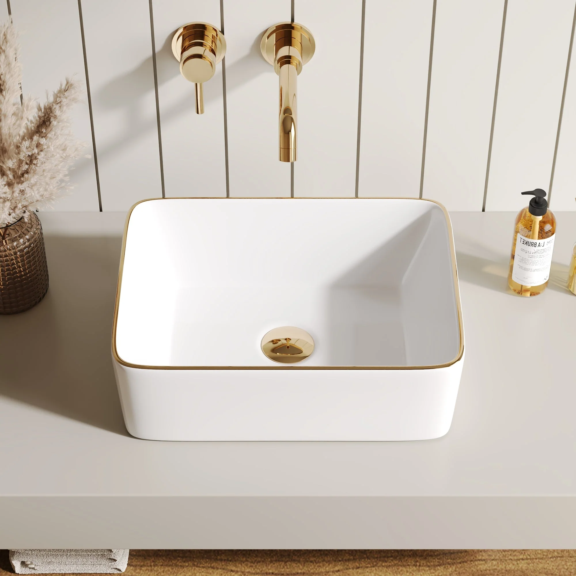 DeerValley Liberty 16"x12" Rectangular Vessel Sink with Gold Trim, White Ceramic Above Counter Bathroom Sink Bowl, DV-1V0366 - Image 3