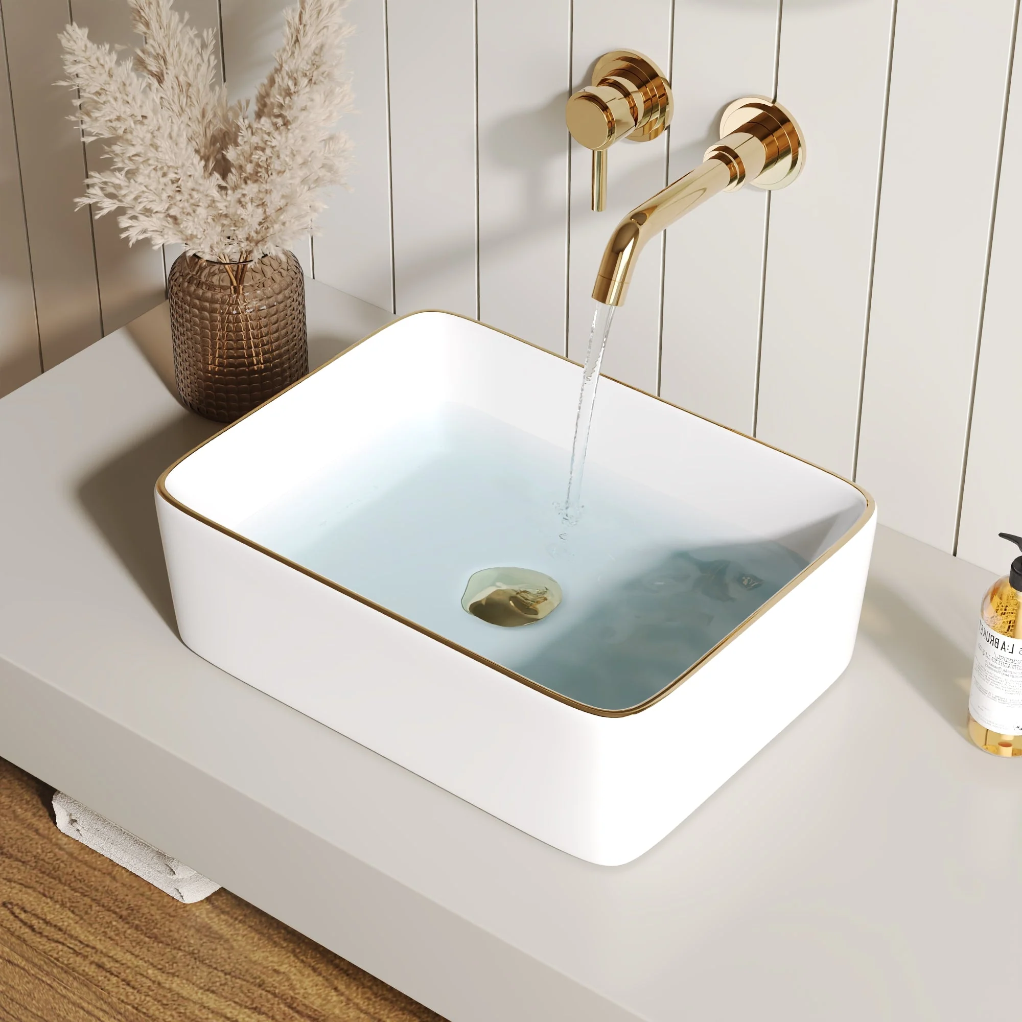 DeerValley Liberty 16"x12" Rectangular Vessel Sink with Gold Trim, White Ceramic Above Counter Bathroom Sink Bowl, DV-1V0366 - Image 4