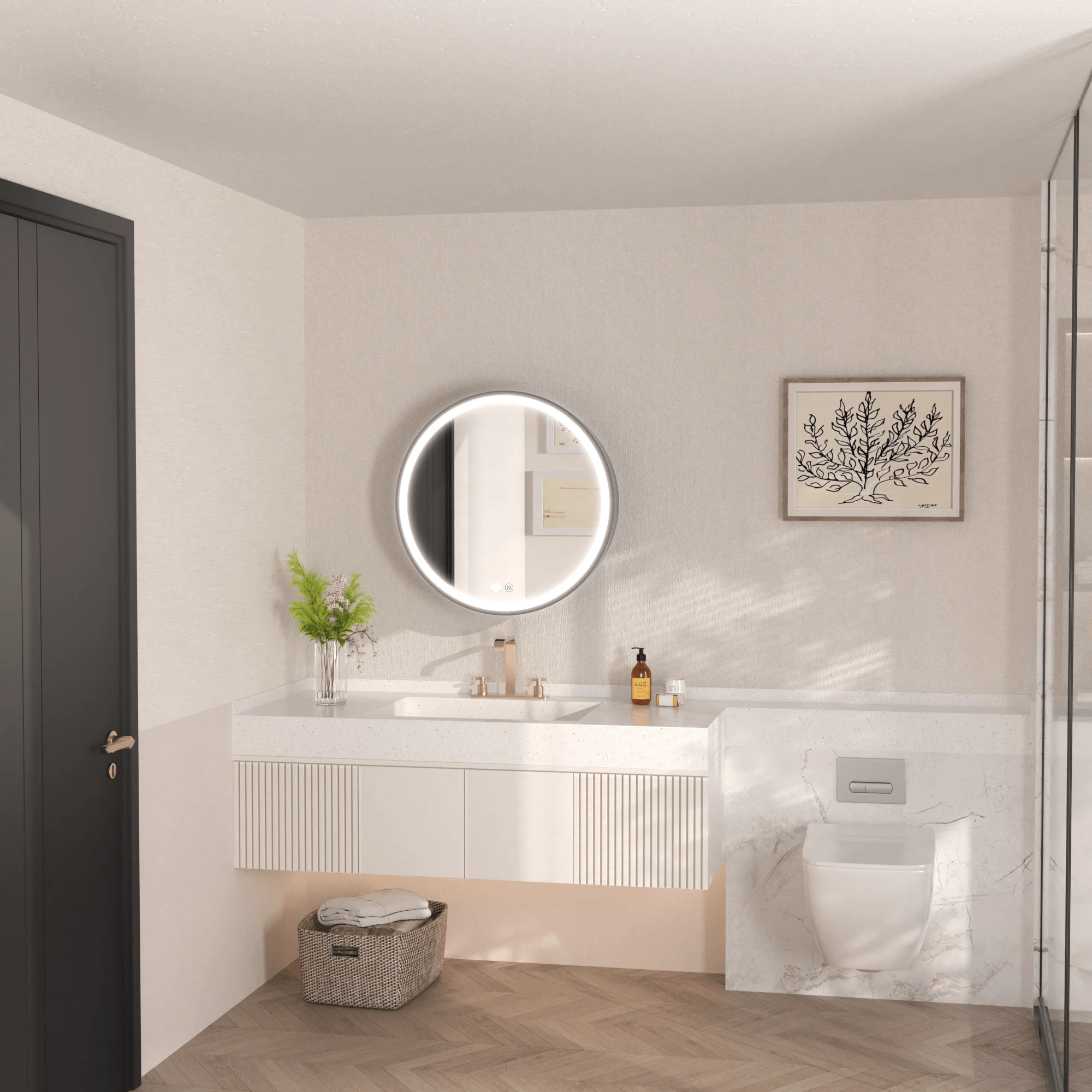 Prism 24 in Round Framed LED Medicine Cabinet with Defogger, Stepless Dimming, Built-in Outlet, Black - Image 3