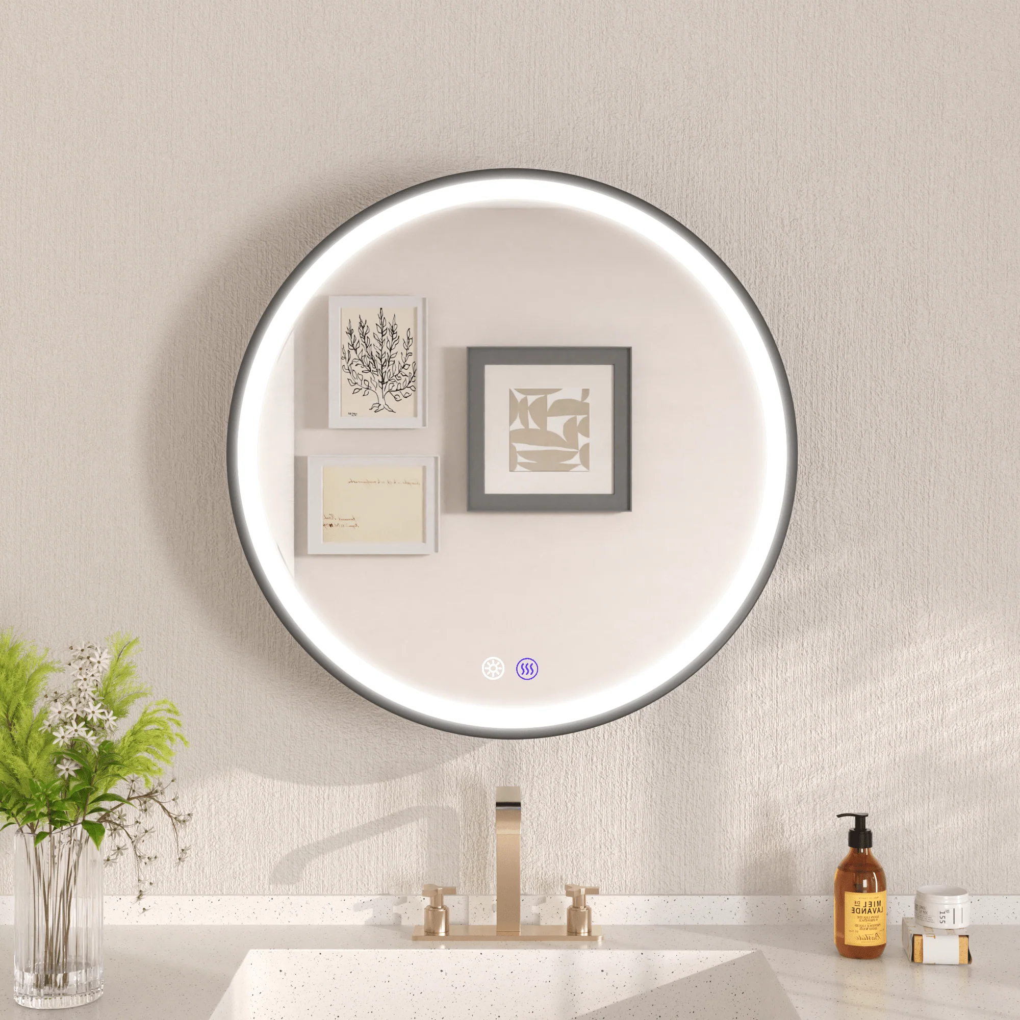 Prism 24 in Round Framed LED Medicine Cabinet with Defogger, Stepless Dimming, Built-in Outlet, Black - Image 4