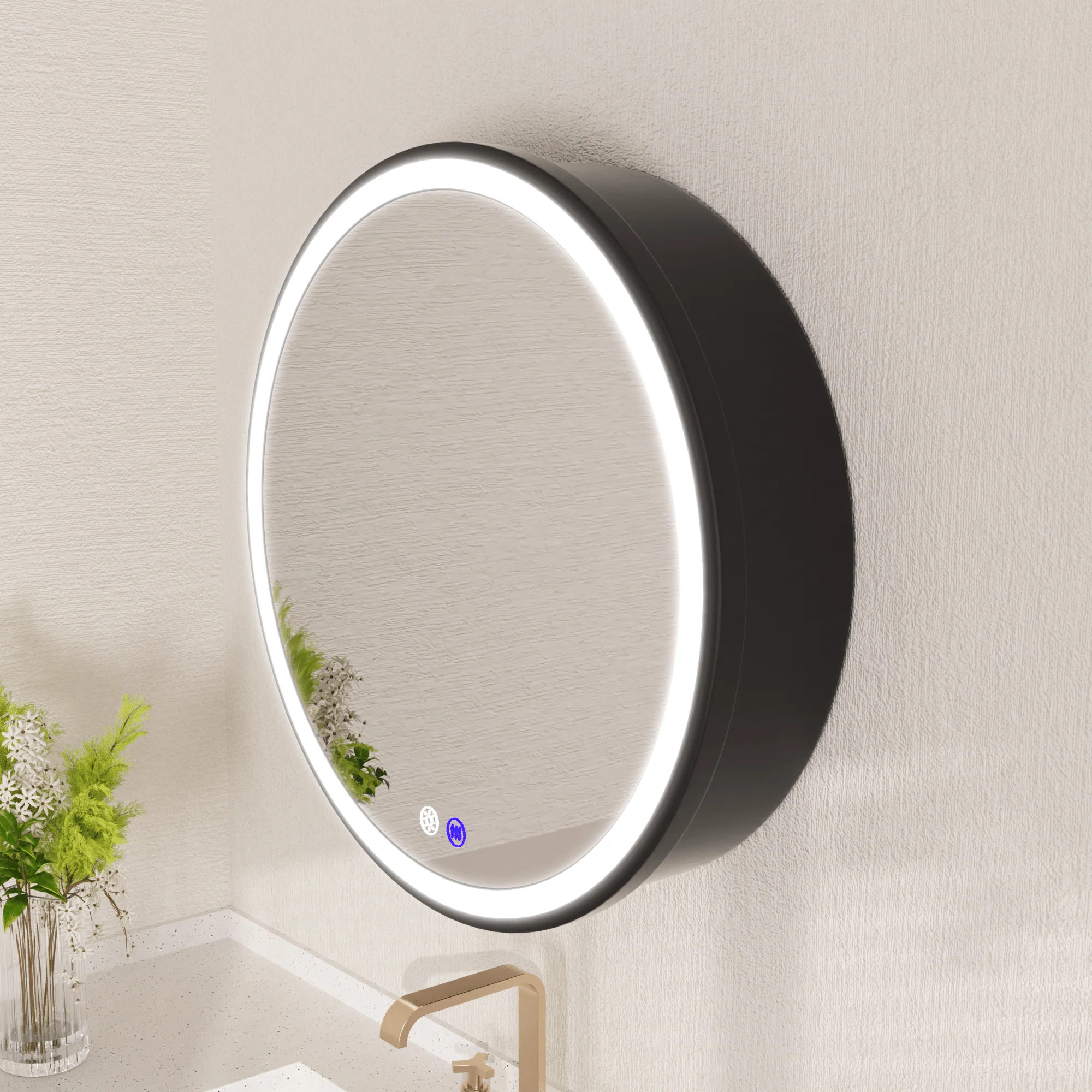 Prism 24 in Round Framed LED Medicine Cabinet with Defogger, Stepless Dimming, Built-in Outlet, Black - Image 5