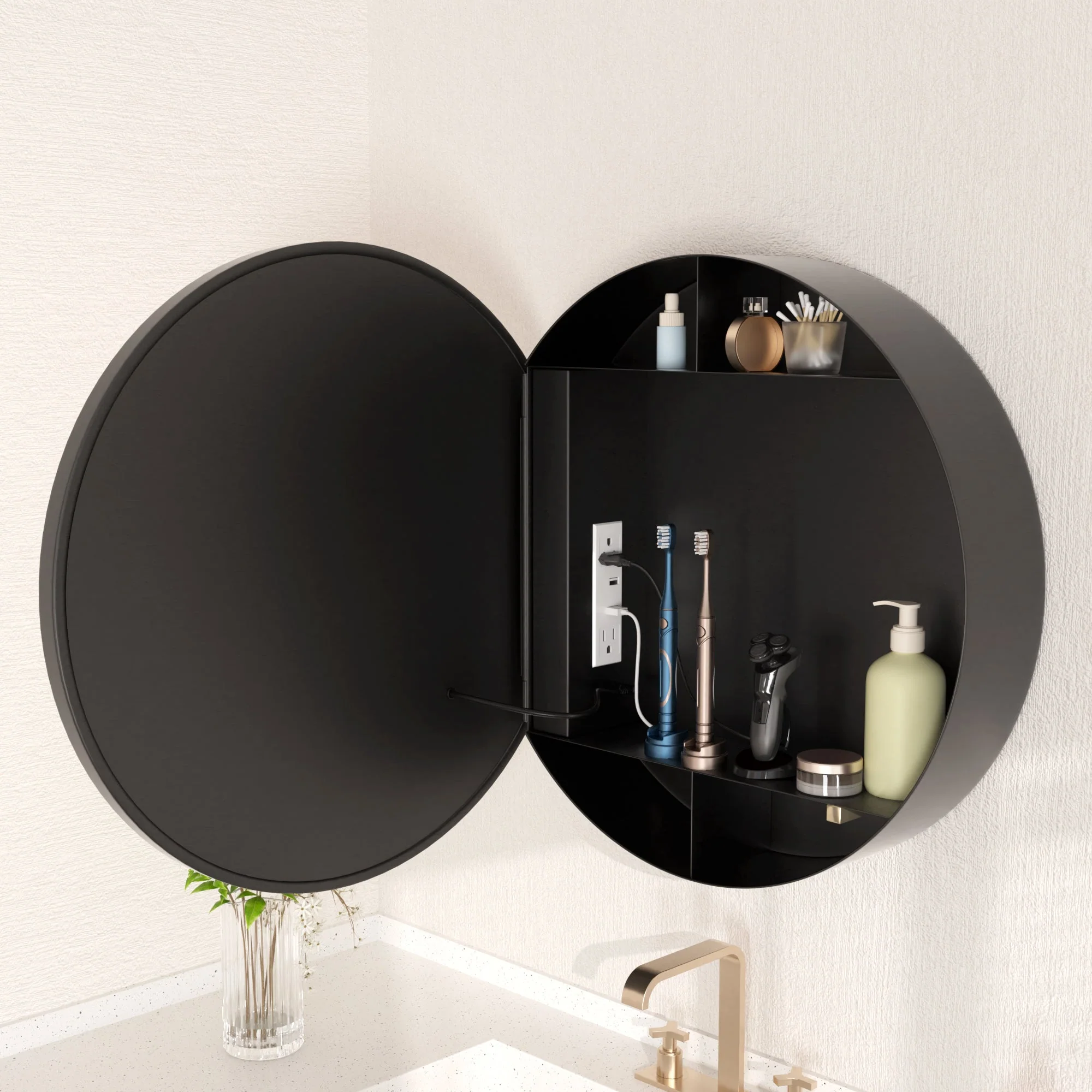 Prism 24 in Round Framed LED Medicine Cabinet with Defogger, Stepless Dimming, Built-in Outlet, Black - Image 6