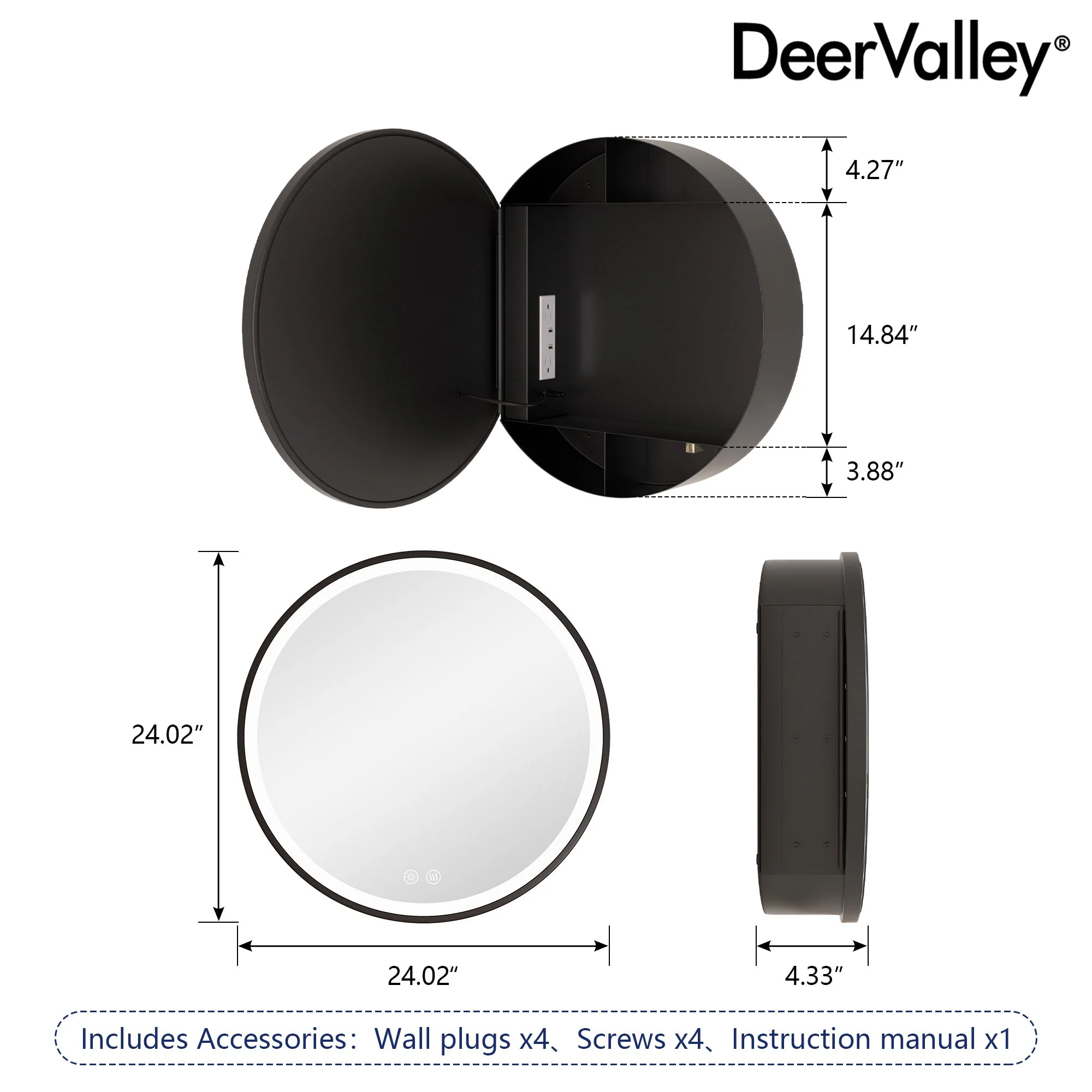 Prism 24 in Round Framed LED Medicine Cabinet with Defogger, Stepless Dimming, Built-in Outlet, Black - Image 7