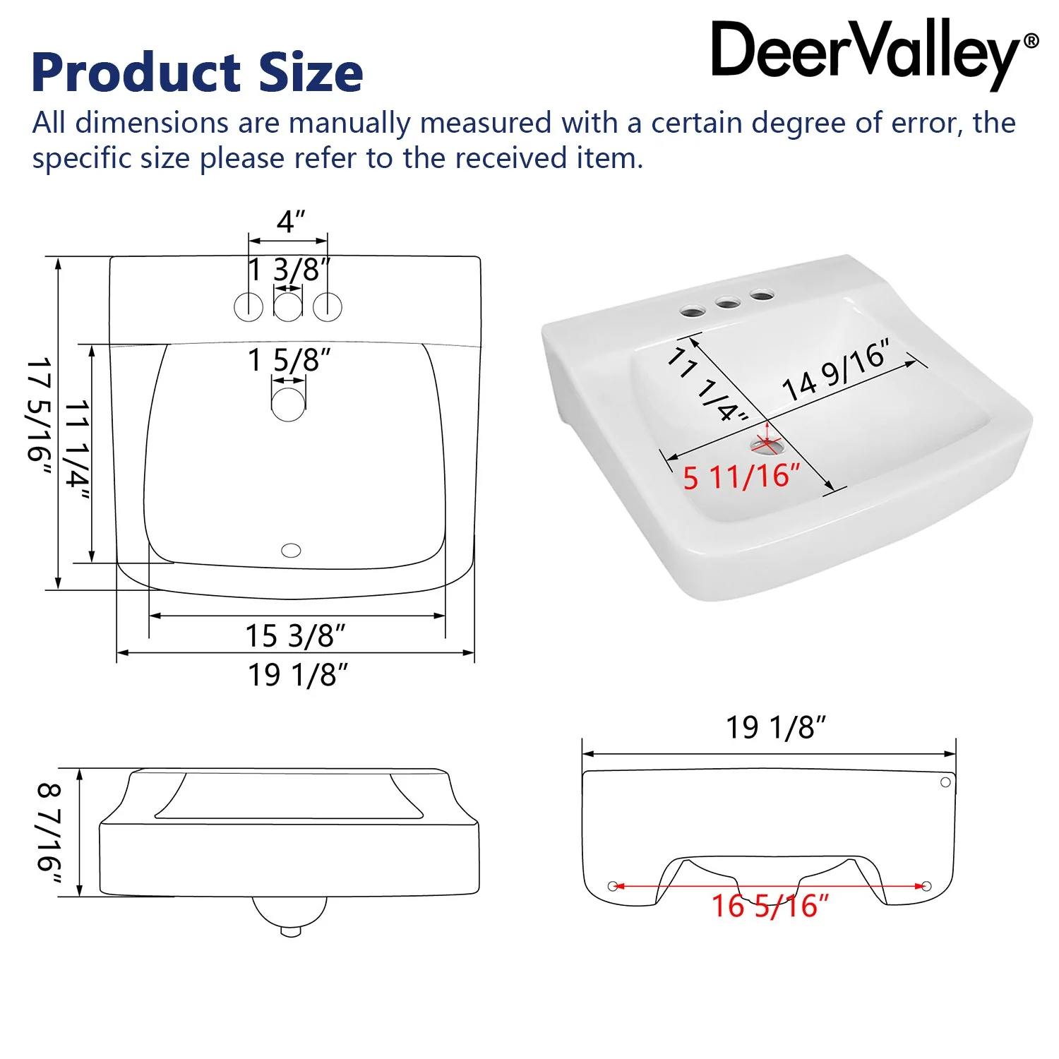 17.32" Rectangular Wall-Mount Bathroom Sink, Overflow Hole - Image 7