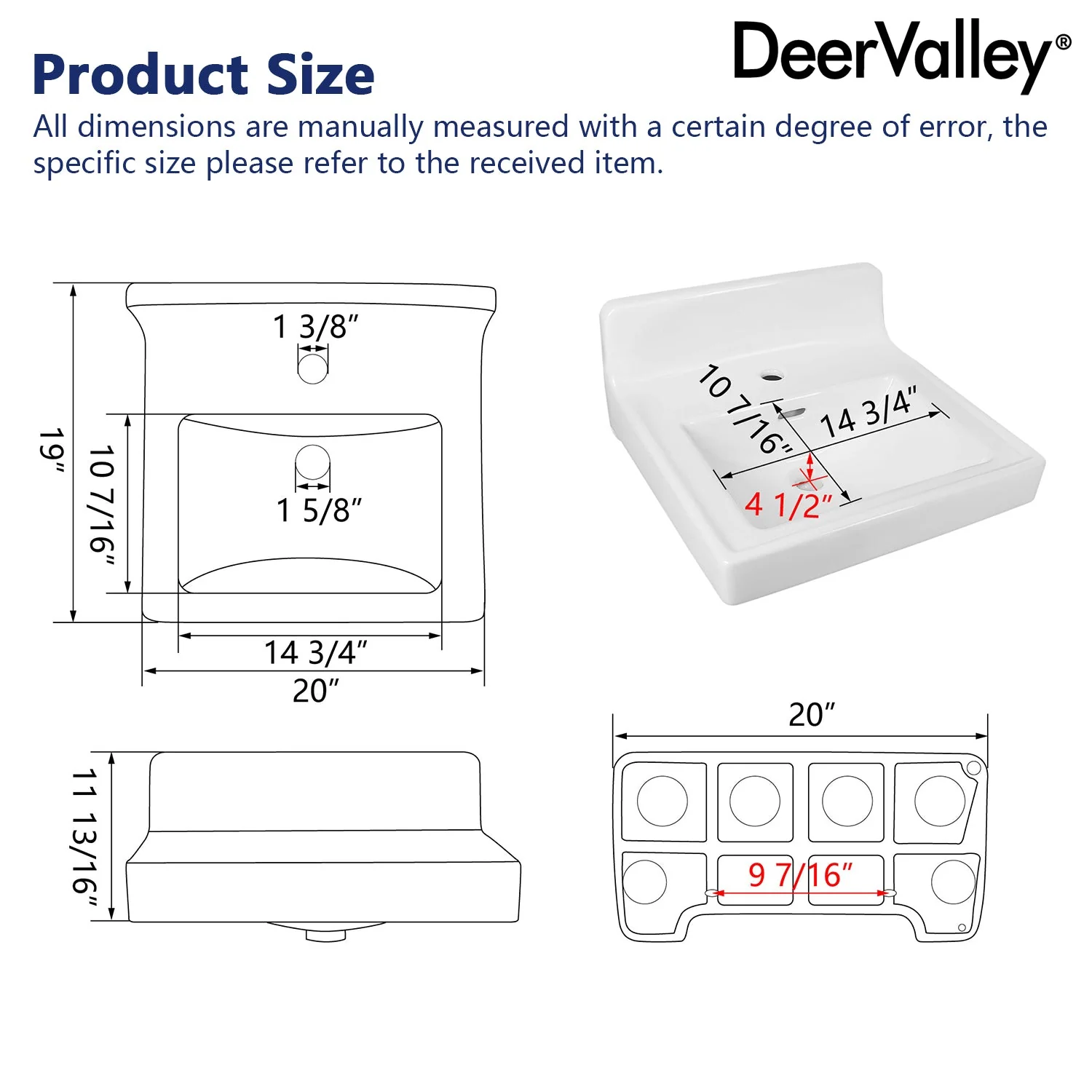 20" L X 10" W Rectangular Wall-Mount Bathroom Sink, Overflow Hole - Image 6
