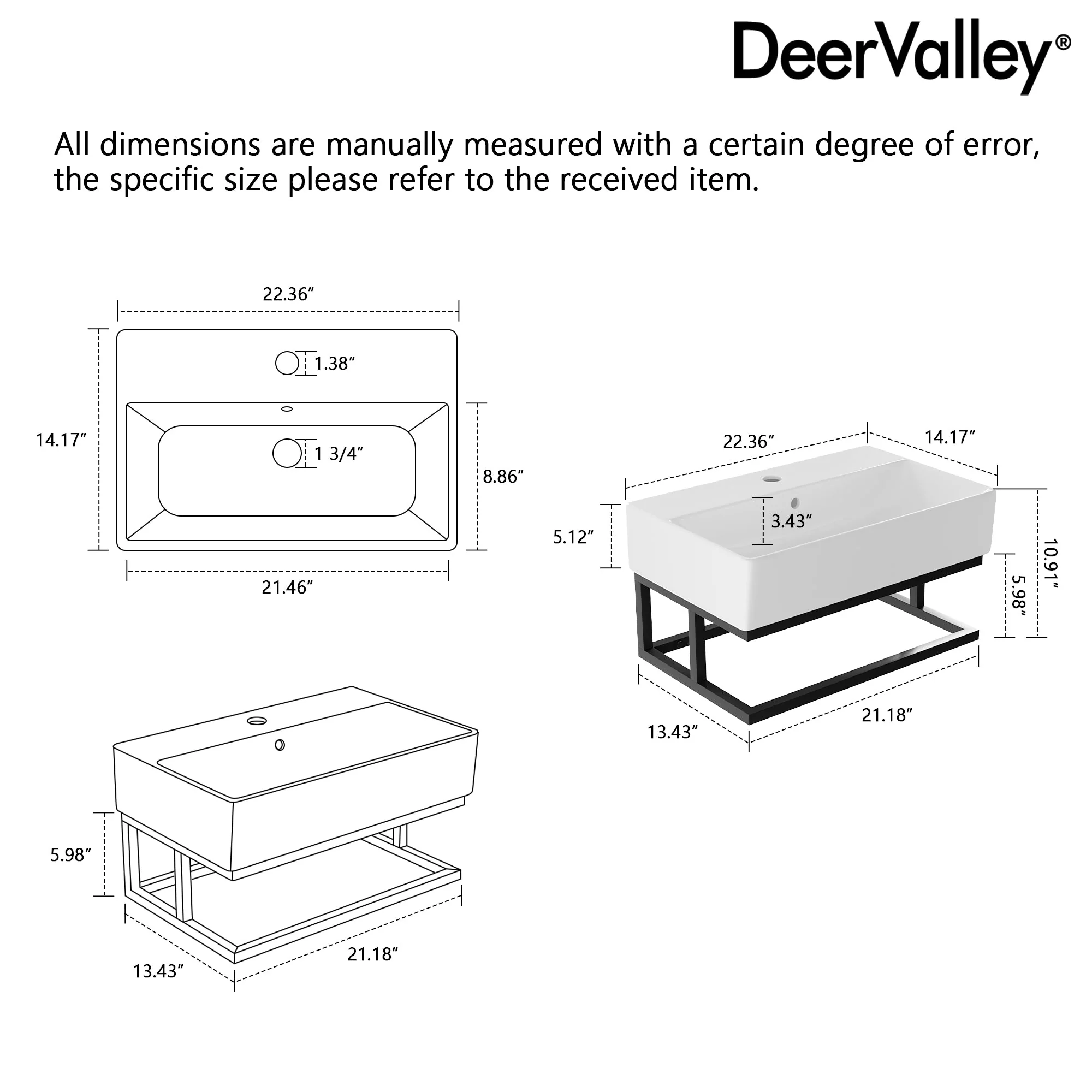 DeerValley 22"x14" Wall Mounted Bathroom Sink with Black Towel Bar, Rectangular Bathroom Sink with Overflow - Image 11