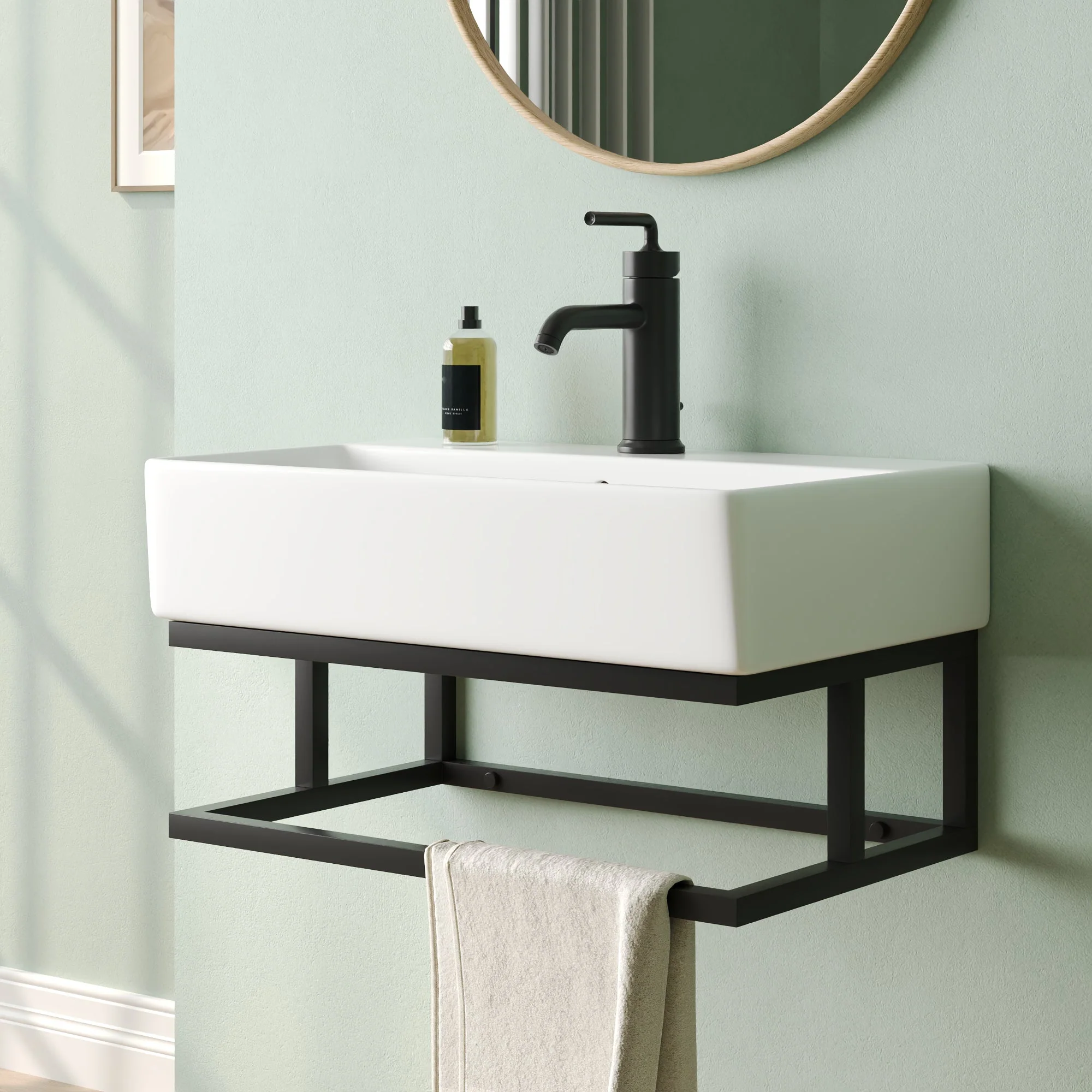 DeerValley 22"x14" Wall Mounted Bathroom Sink with Black Towel Bar, Rectangular Bathroom Sink with Overflow - Image 2
