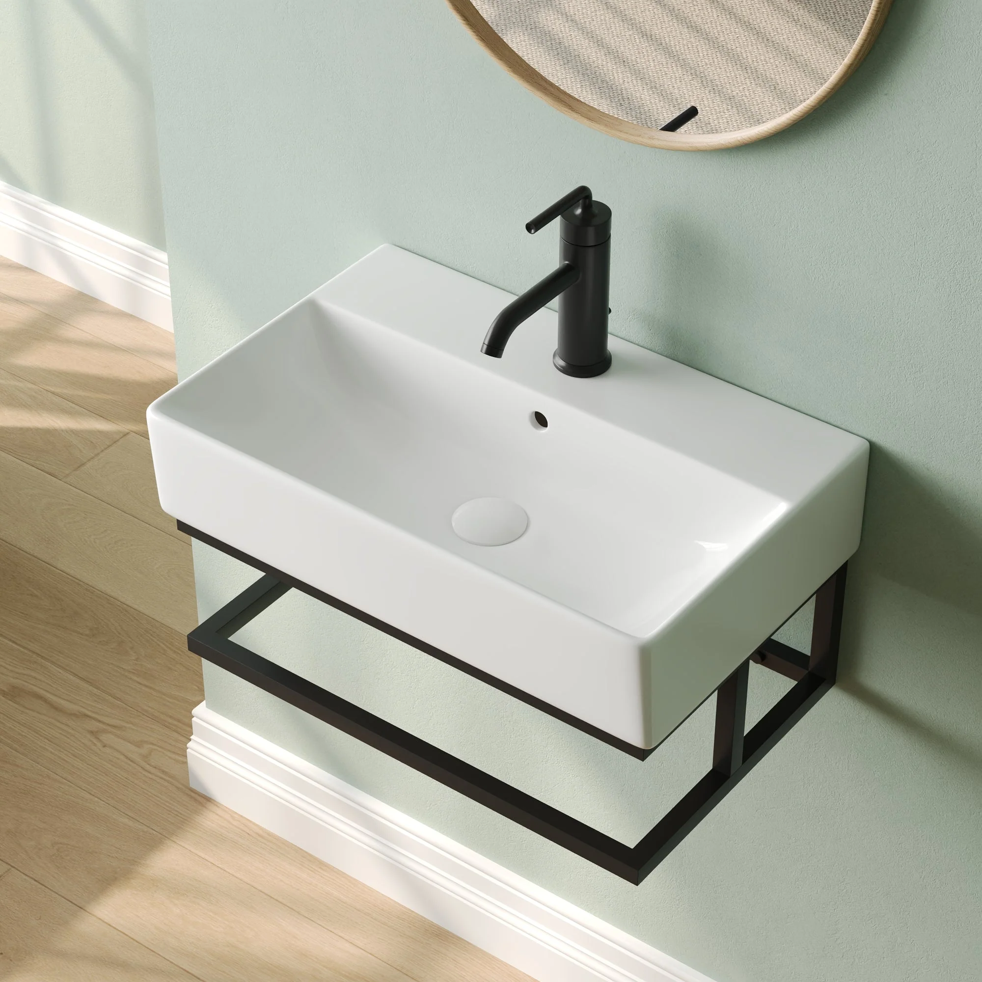 DeerValley 22"x14" Wall Mounted Bathroom Sink with Black Towel Bar, Rectangular Bathroom Sink with Overflow - Image 3