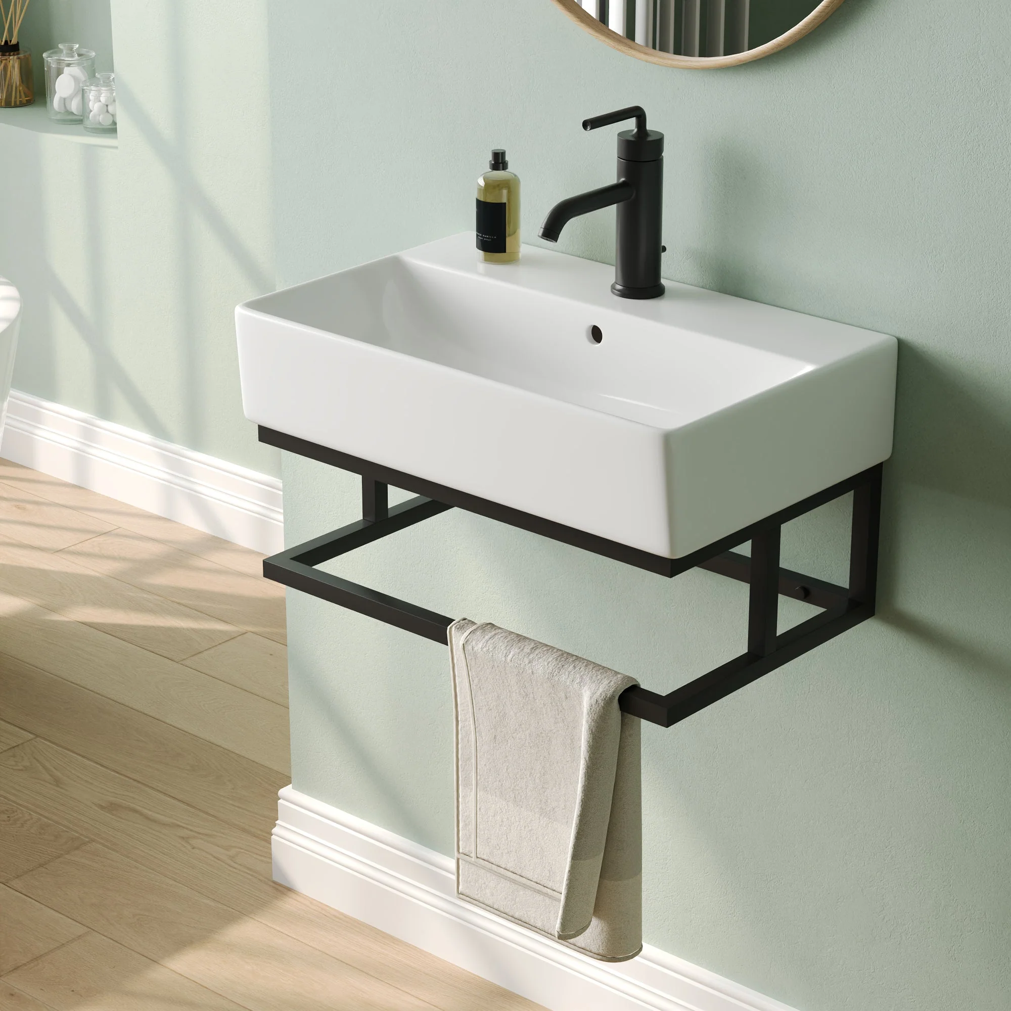 DeerValley 22"x14" Wall Mounted Bathroom Sink with Black Towel Bar, Rectangular Bathroom Sink with Overflow - Image 4