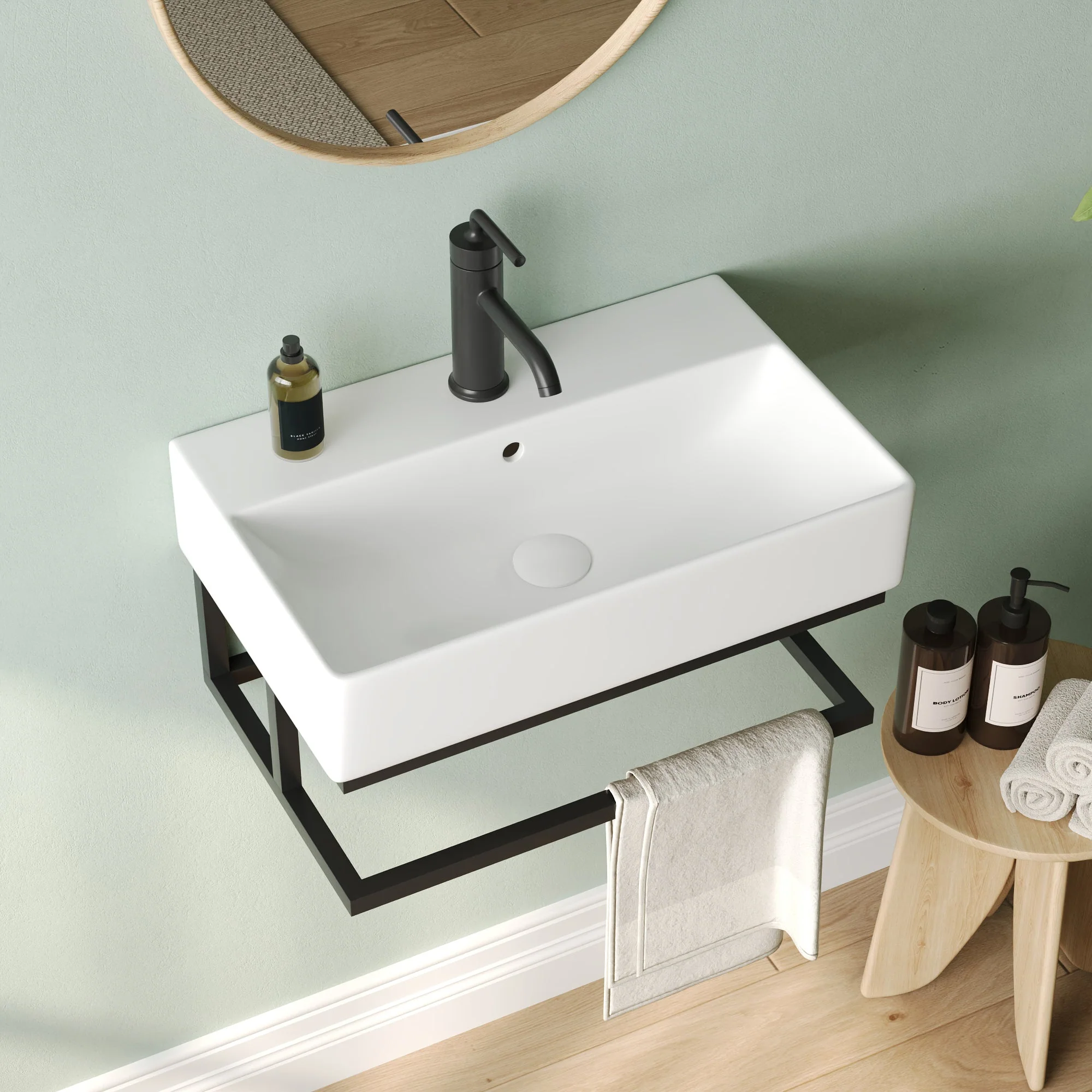DeerValley 22"x14" Wall Mounted Bathroom Sink with Black Towel Bar, Rectangular Bathroom Sink with Overflow - Image 5
