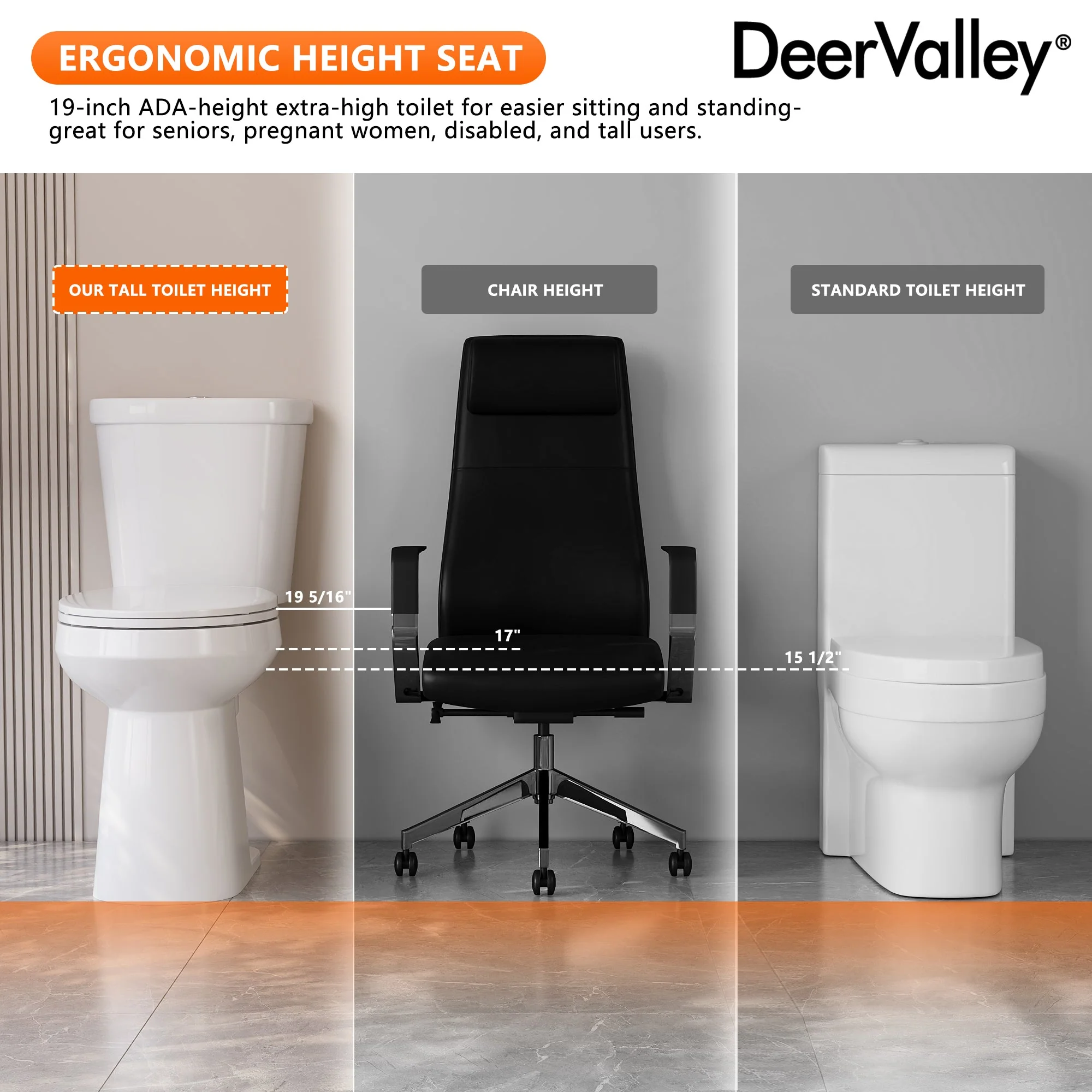 DeerValley DV-2F0356/DV-2F0537 19-Inch Extra Tall Toilet for Seniors, White Two-Piece Toilet for Bathrooms with Comfort Seat, ADA Comfort Height, Elongated Bowl with Powerful 1.28 GPF Single Flush - Image 27