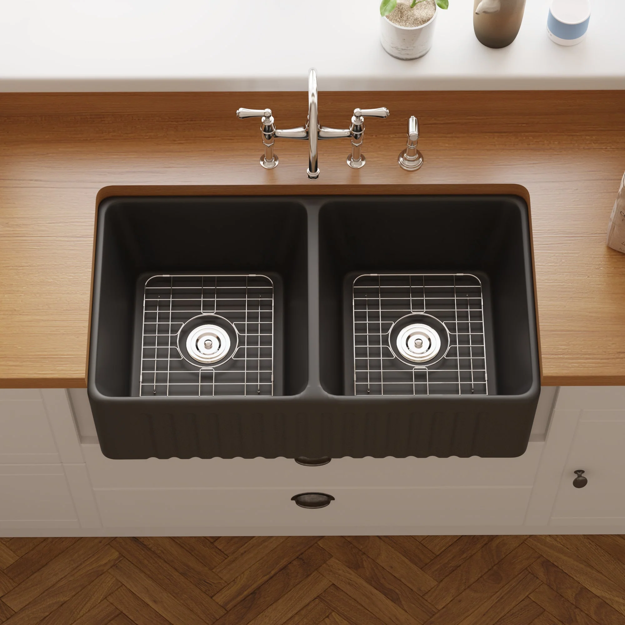DeerValley DV-1K028 Farmhouse Kitchen Sinks Dual Basin Quiet Install True Ceramic 3.5" Drain - Image 11