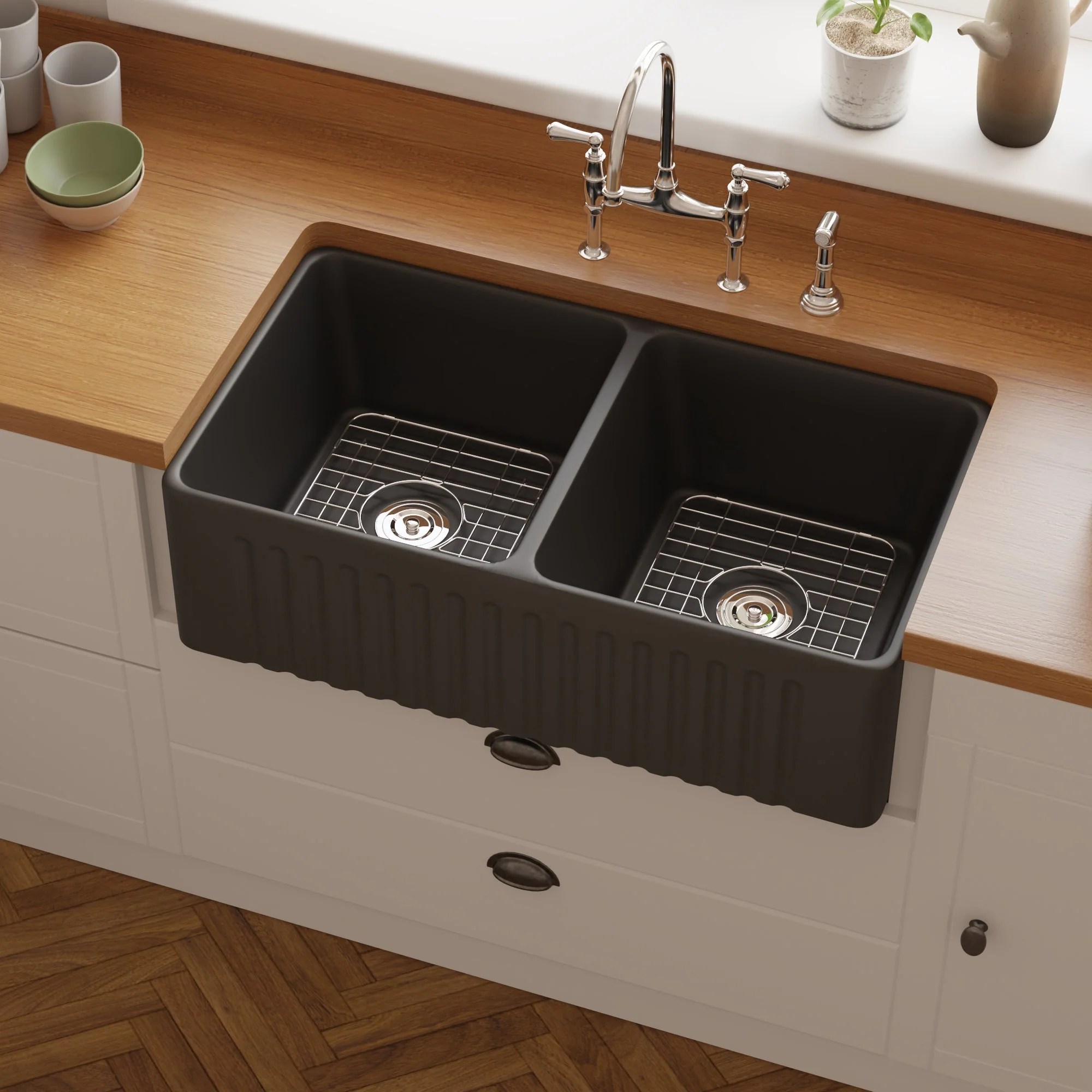 DeerValley DV-1K028 Farmhouse Kitchen Sinks Dual Basin Quiet Install True Ceramic 3.5" Drain - Image 12