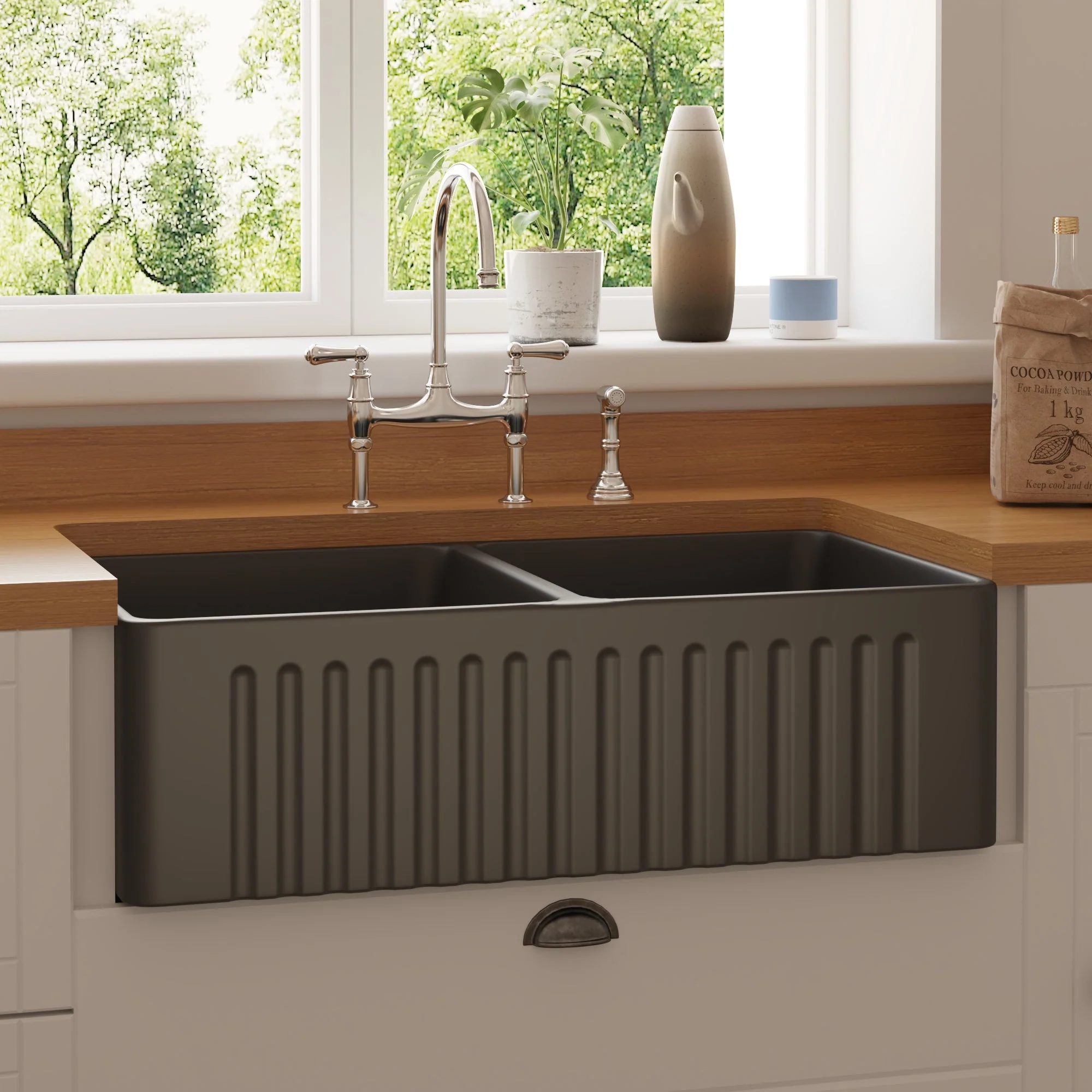 DeerValley DV-1K028 Farmhouse Kitchen Sinks Dual Basin Quiet Install True Ceramic 3.5" Drain - Image 16