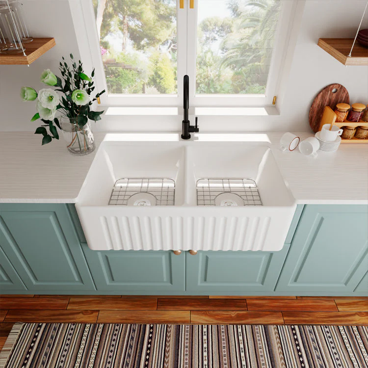 DeerValley DV-1K028 Farmhouse Kitchen Sinks Dual Basin Quiet Install True Ceramic 3.5" Drain - Image 3