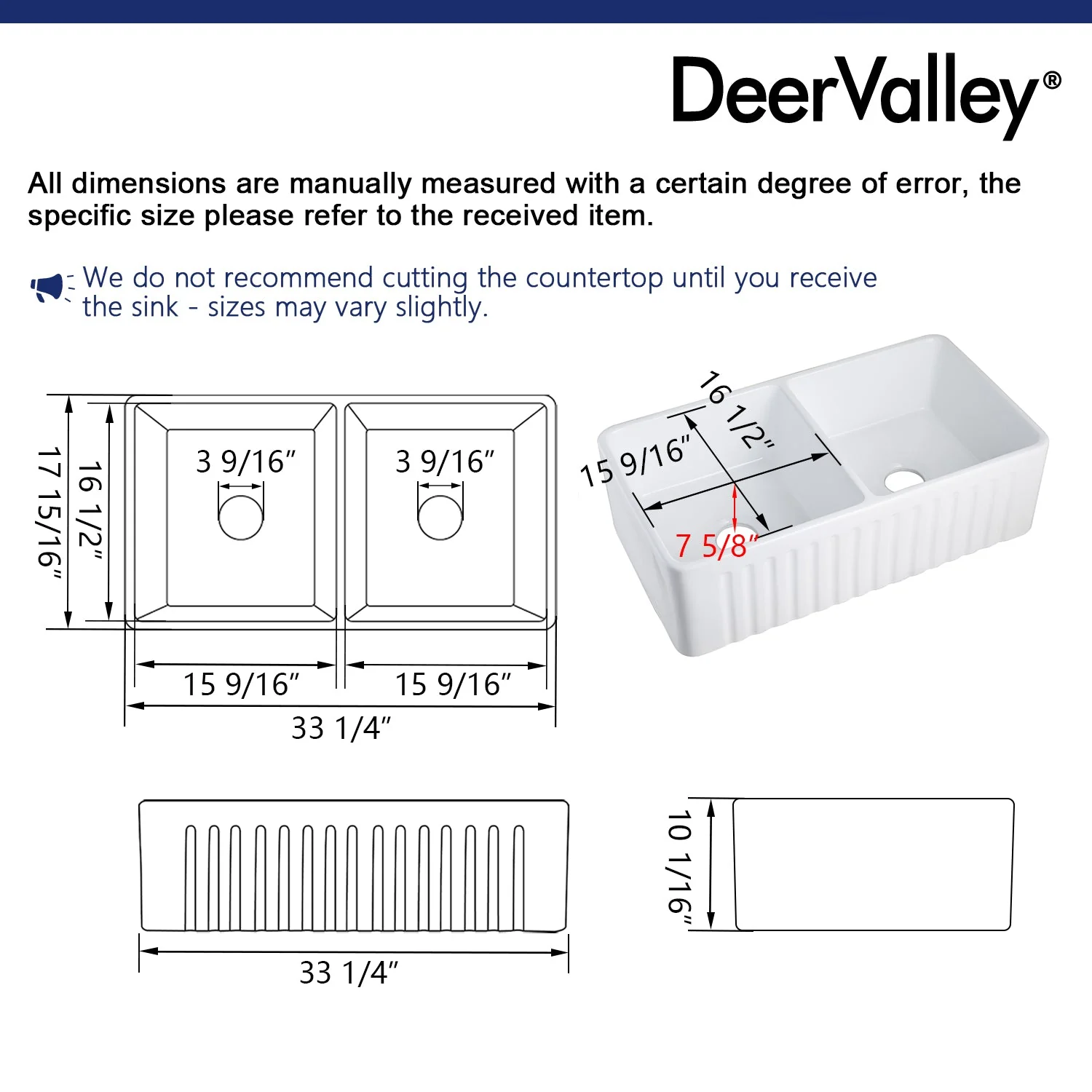 DeerValley DV-1K028 Farmhouse Kitchen Sinks Dual Basin Quiet Install True Ceramic 3.5" Drain - Image 7