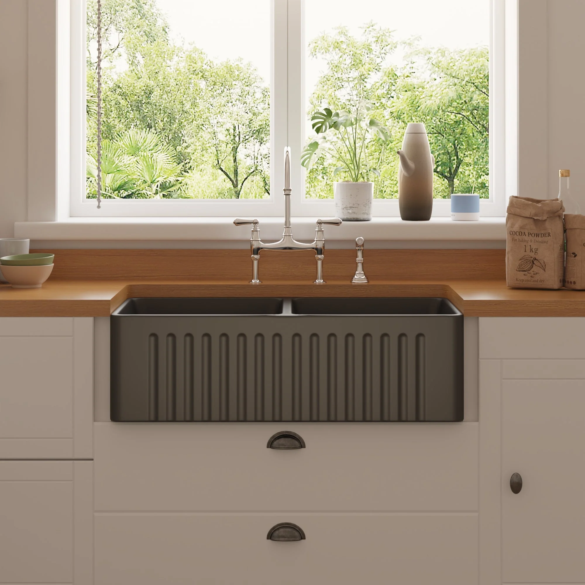 DeerValley DV-1K028 Farmhouse Kitchen Sinks Dual Basin Quiet Install True Ceramic 3.5" Drain - Image 9