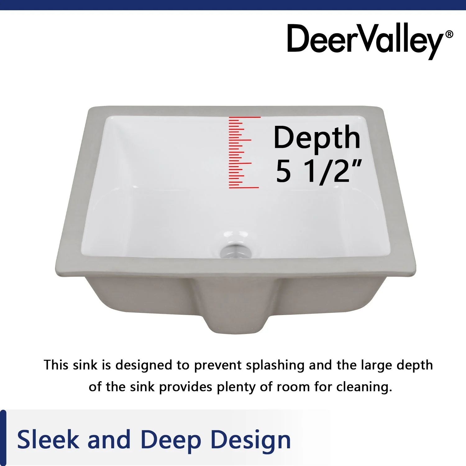 DeerValley DV-1U307 Undermount Bathroom Sinks, Deep Rectangular Splash-Proof, Vitreous China & Overflow - Image 11