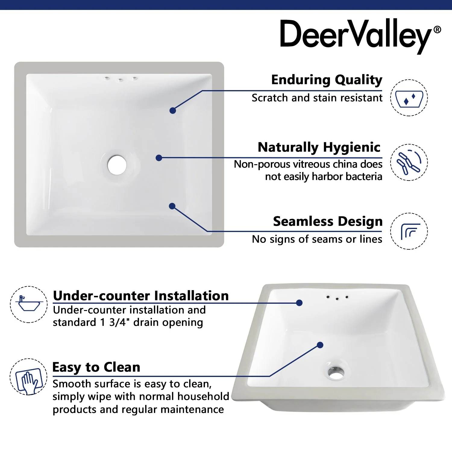 DeerValley DV-1U307 Undermount Bathroom Sinks, Deep Rectangular Splash-Proof, Vitreous China & Overflow - Image 13