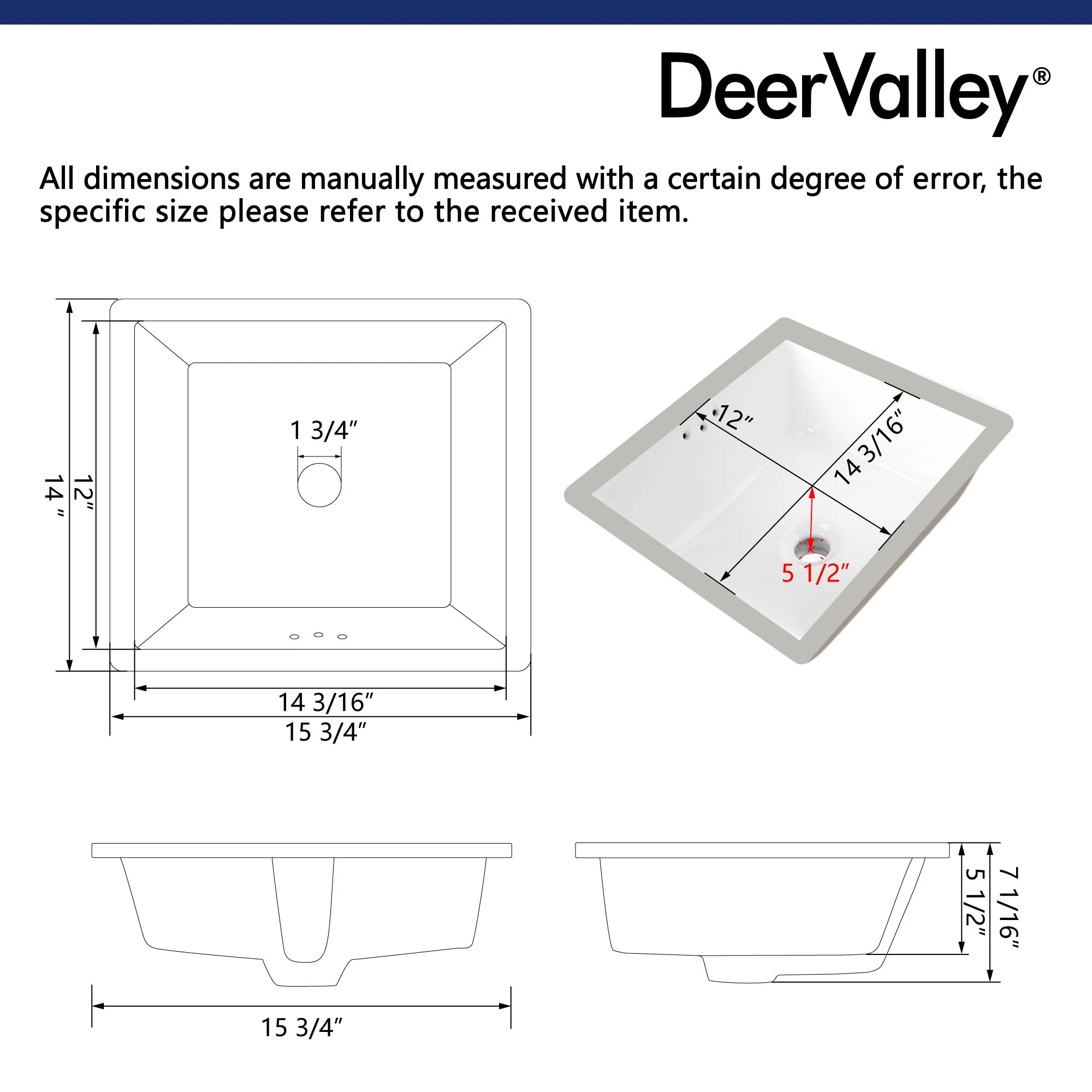 DeerValley DV-1U307 Undermount Bathroom Sinks, Deep Rectangular Splash-Proof, Vitreous China & Overflow - Image 14