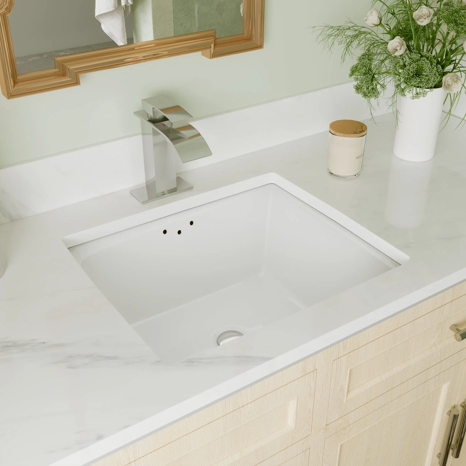 DeerValley DV-1U307 Undermount Bathroom Sinks, Deep Rectangular Splash-Proof, Vitreous China & Overflow - Image 3