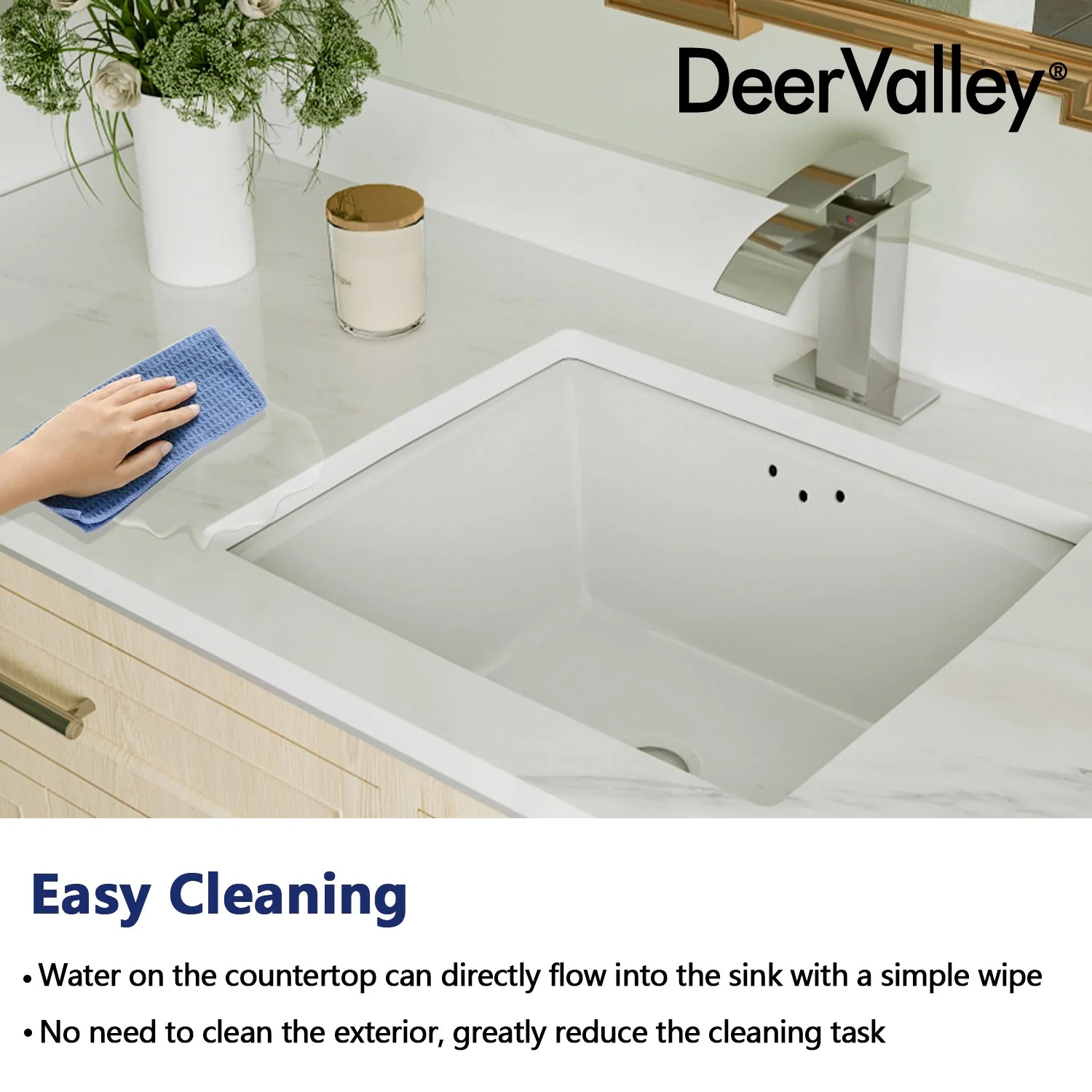 DeerValley DV-1U307 Undermount Bathroom Sinks, Deep Rectangular Splash-Proof, Vitreous China & Overflow - Image 8