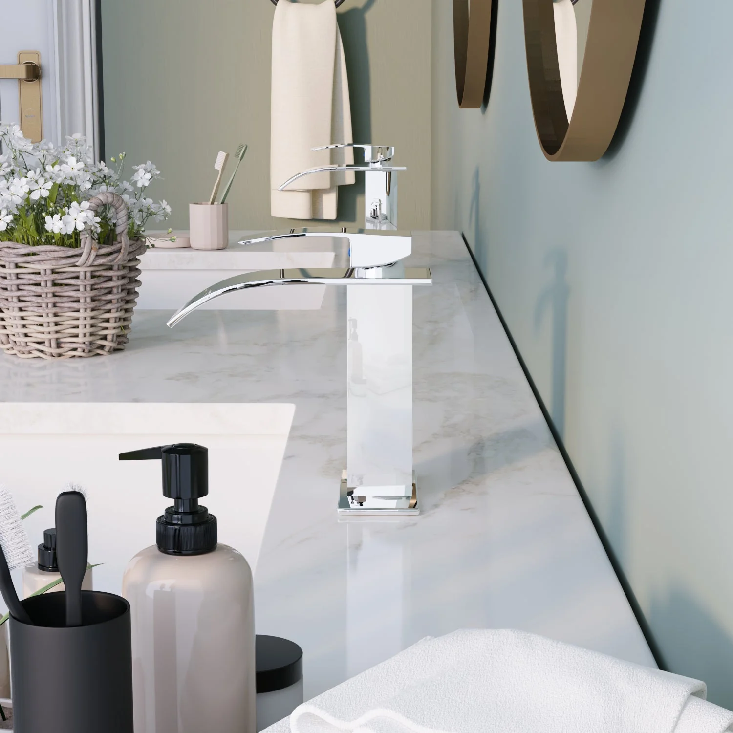 DYNASTY Brass Vessel Sink Bathroom Faucet, Waterfall - Image 3