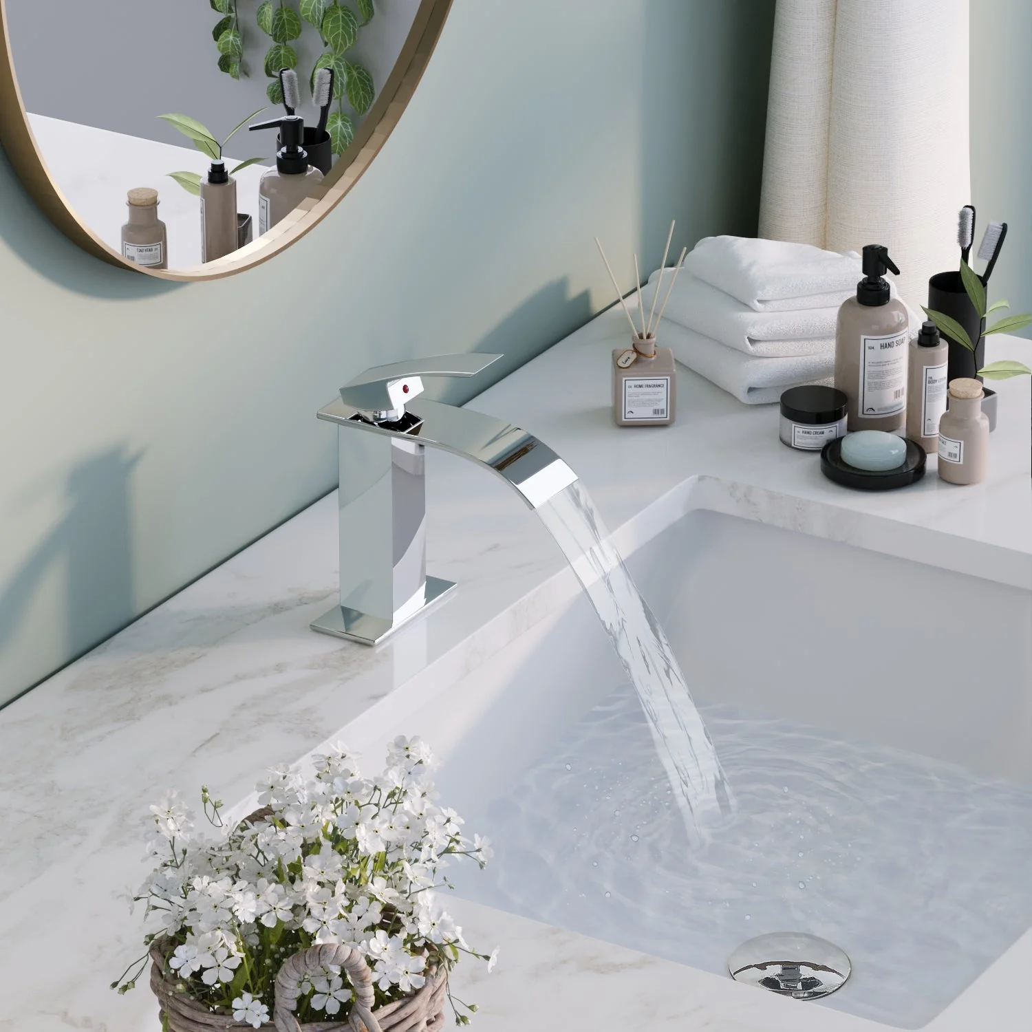DYNASTY Brass Vessel Sink Bathroom Faucet, Waterfall - Image 4
